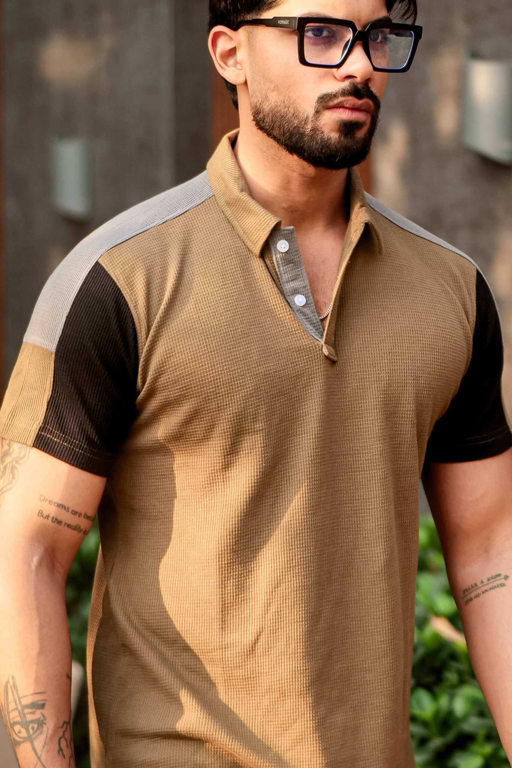 Golden Color Block Waffle Polo T-Shirt