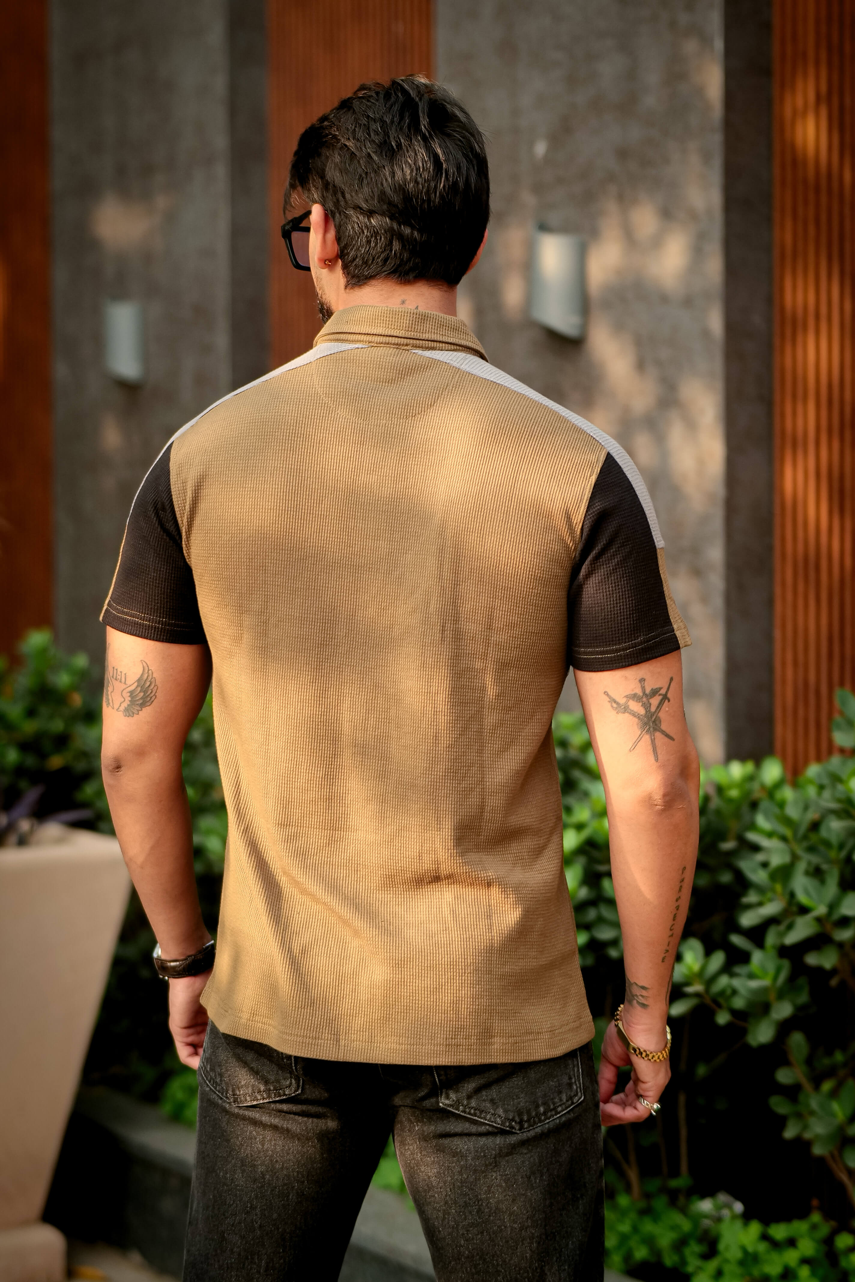 Golden Color Block Waffle Polo T-Shirt