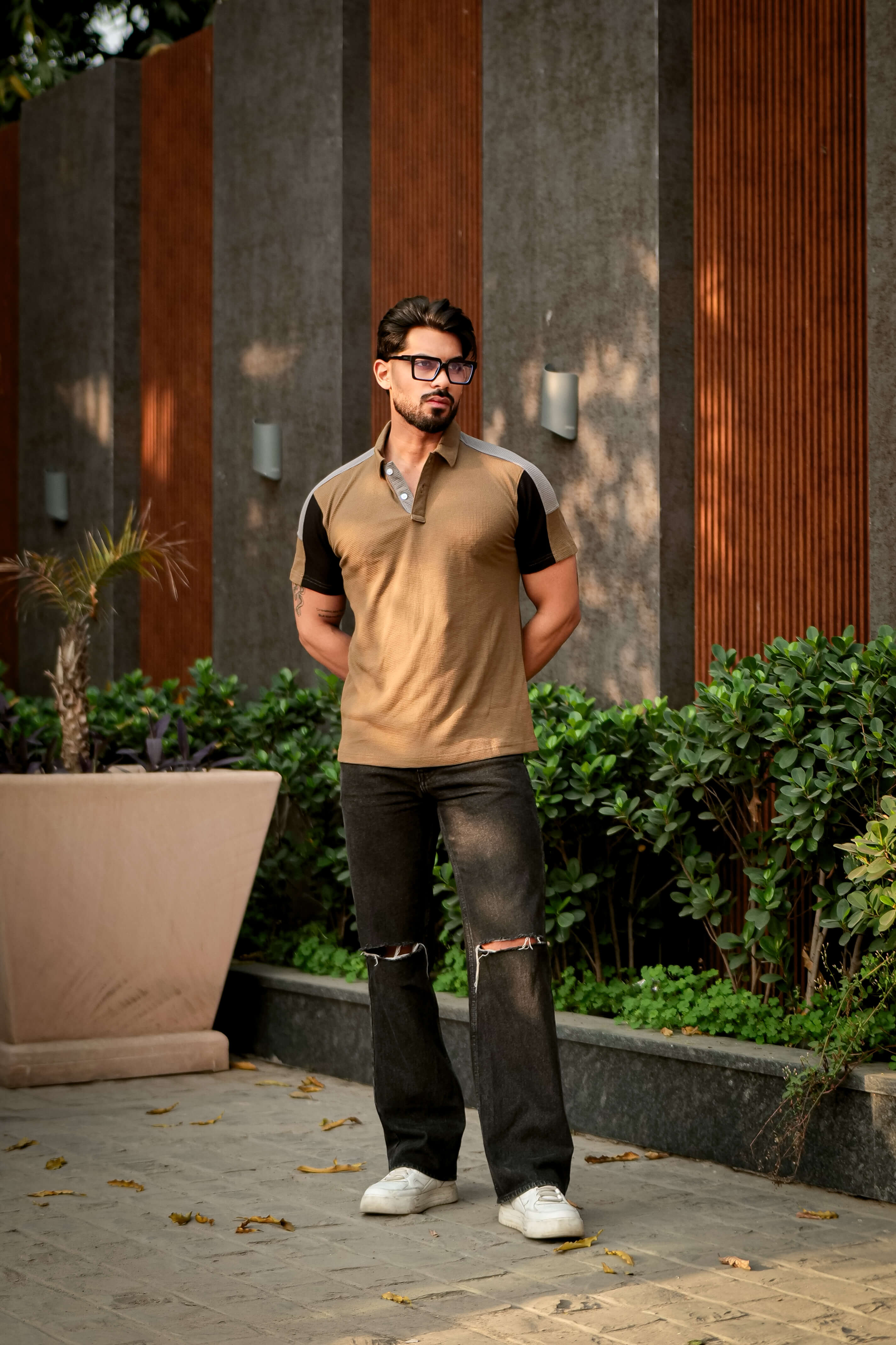 Golden Color Block Waffle Polo T-Shirt