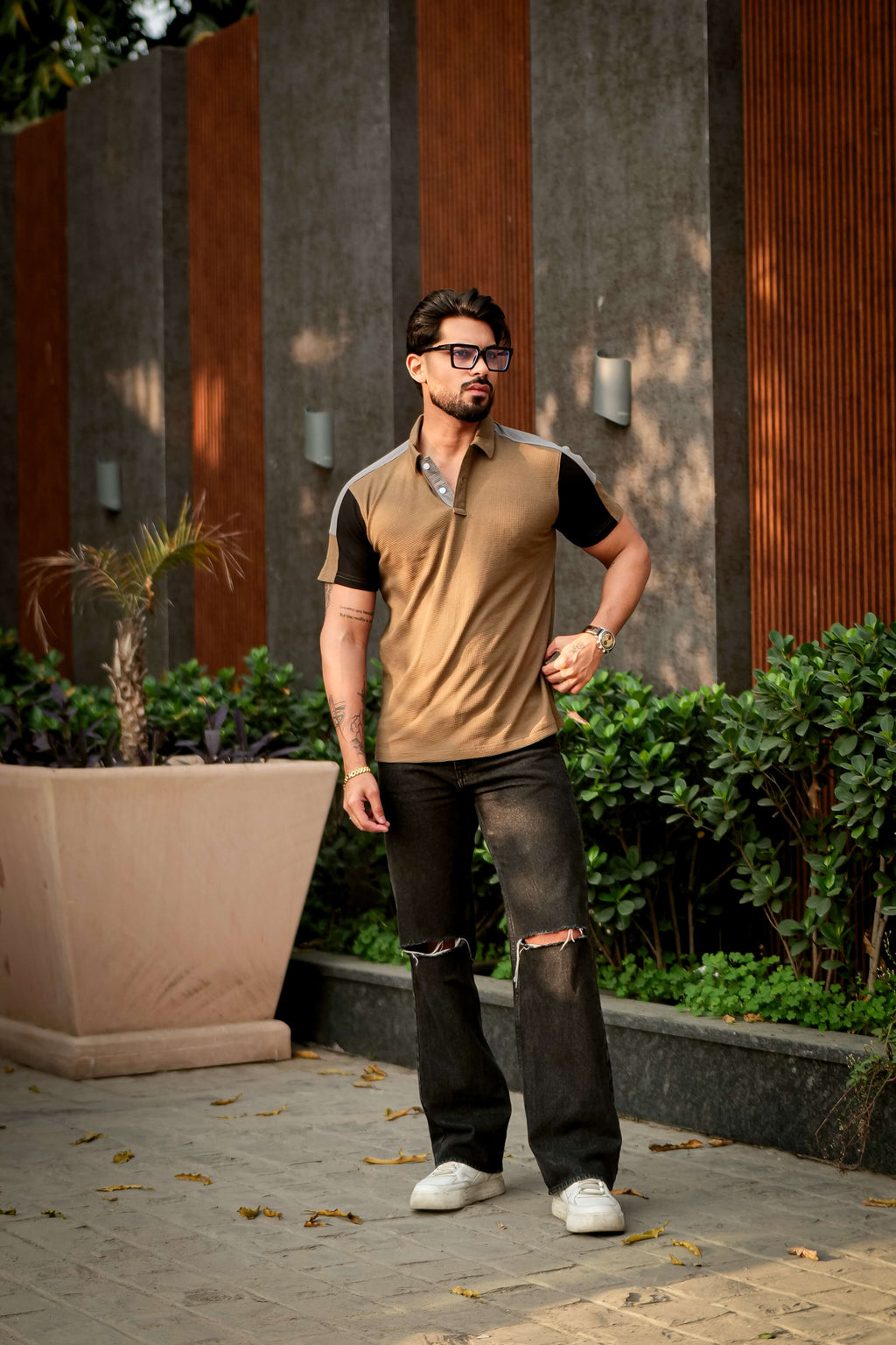 Golden Color Block Waffle Polo T-Shirt