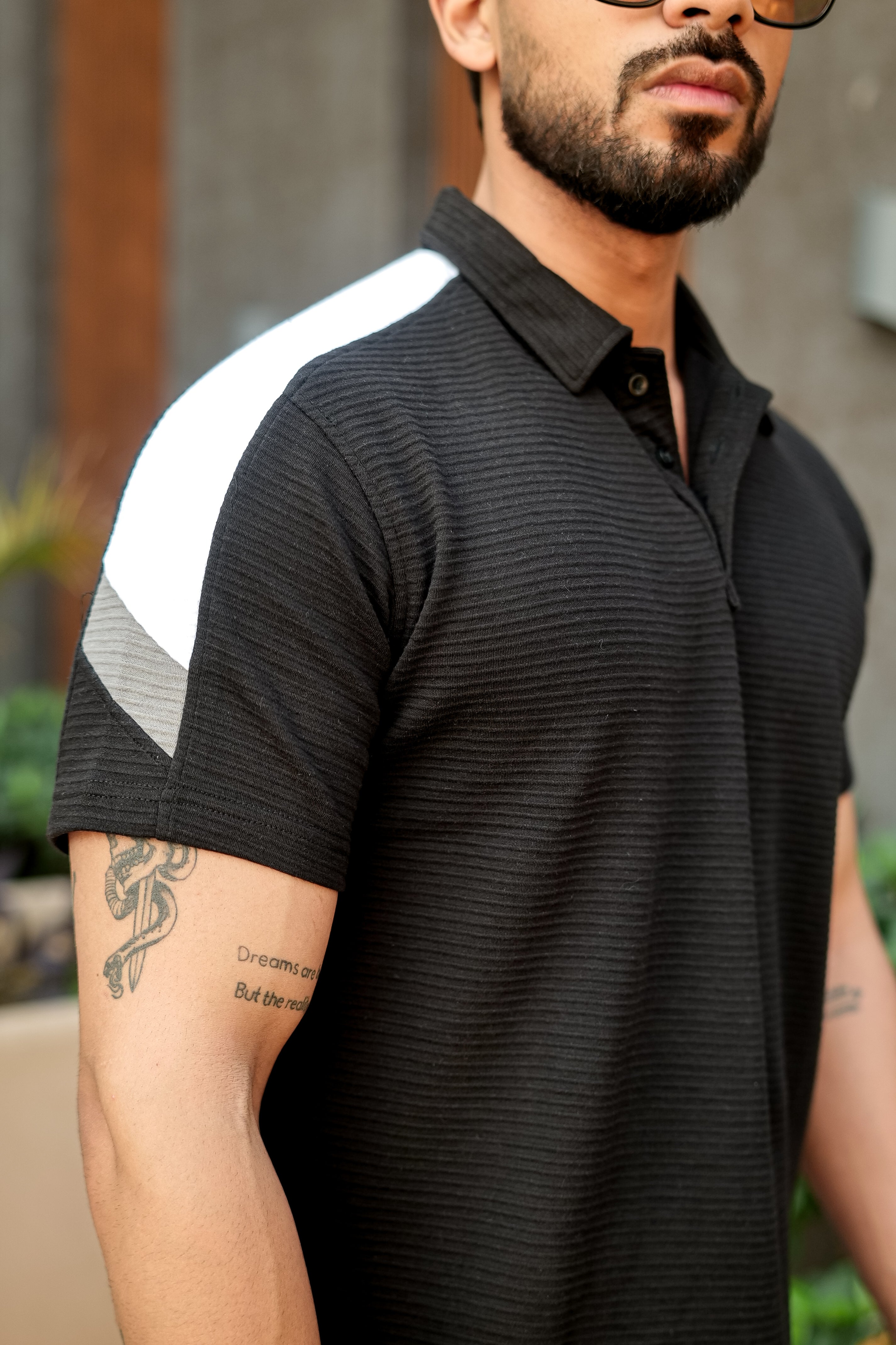Black Self Design ColorBlock Cotton Polo T-Shirt