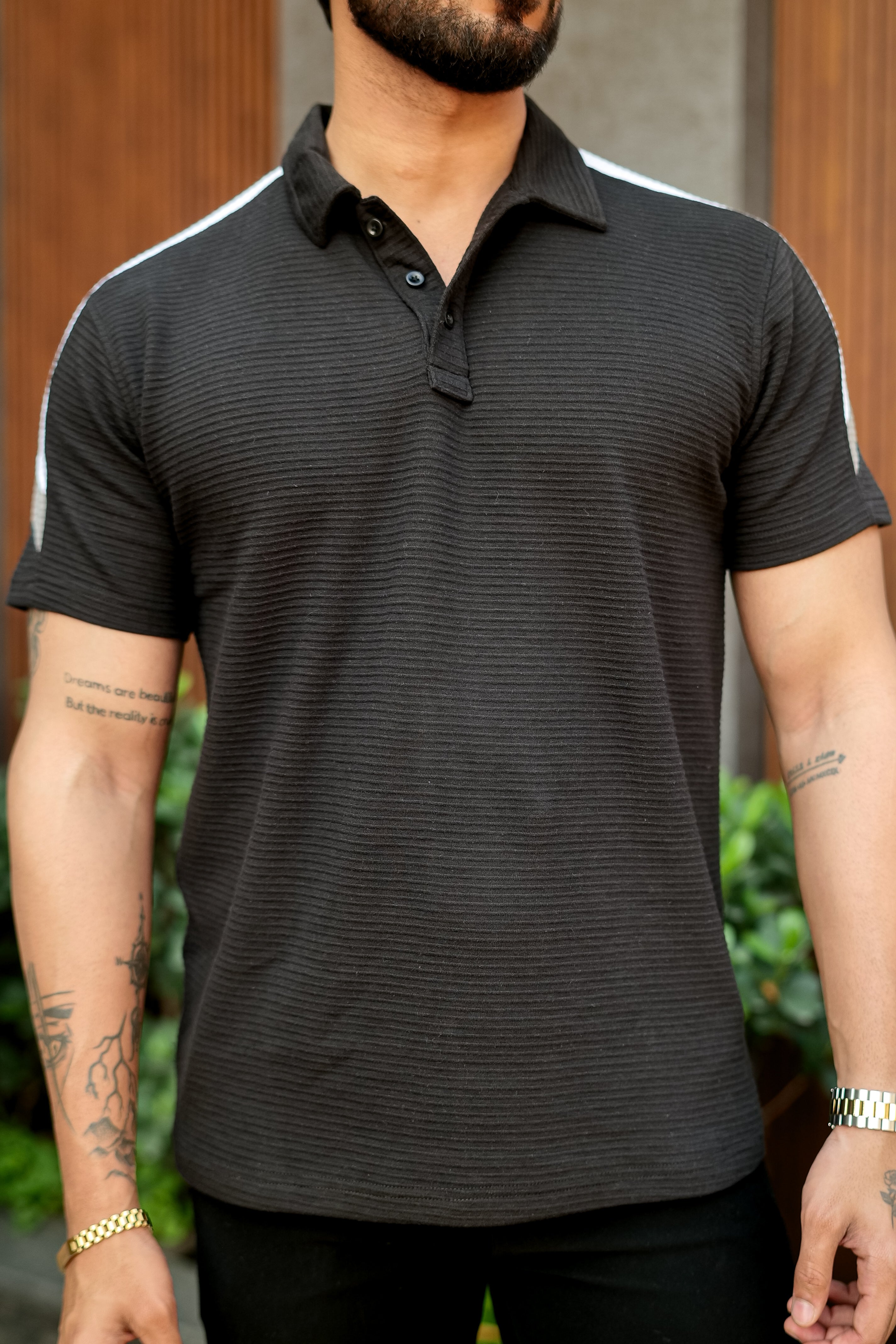 Black Self Design ColorBlock Cotton Polo T-Shirt