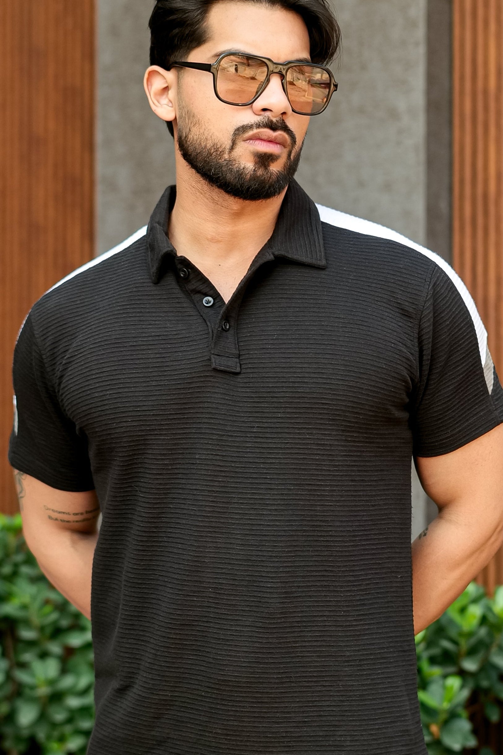 Black Self Design ColorBlock Cotton Polo T-Shirt
