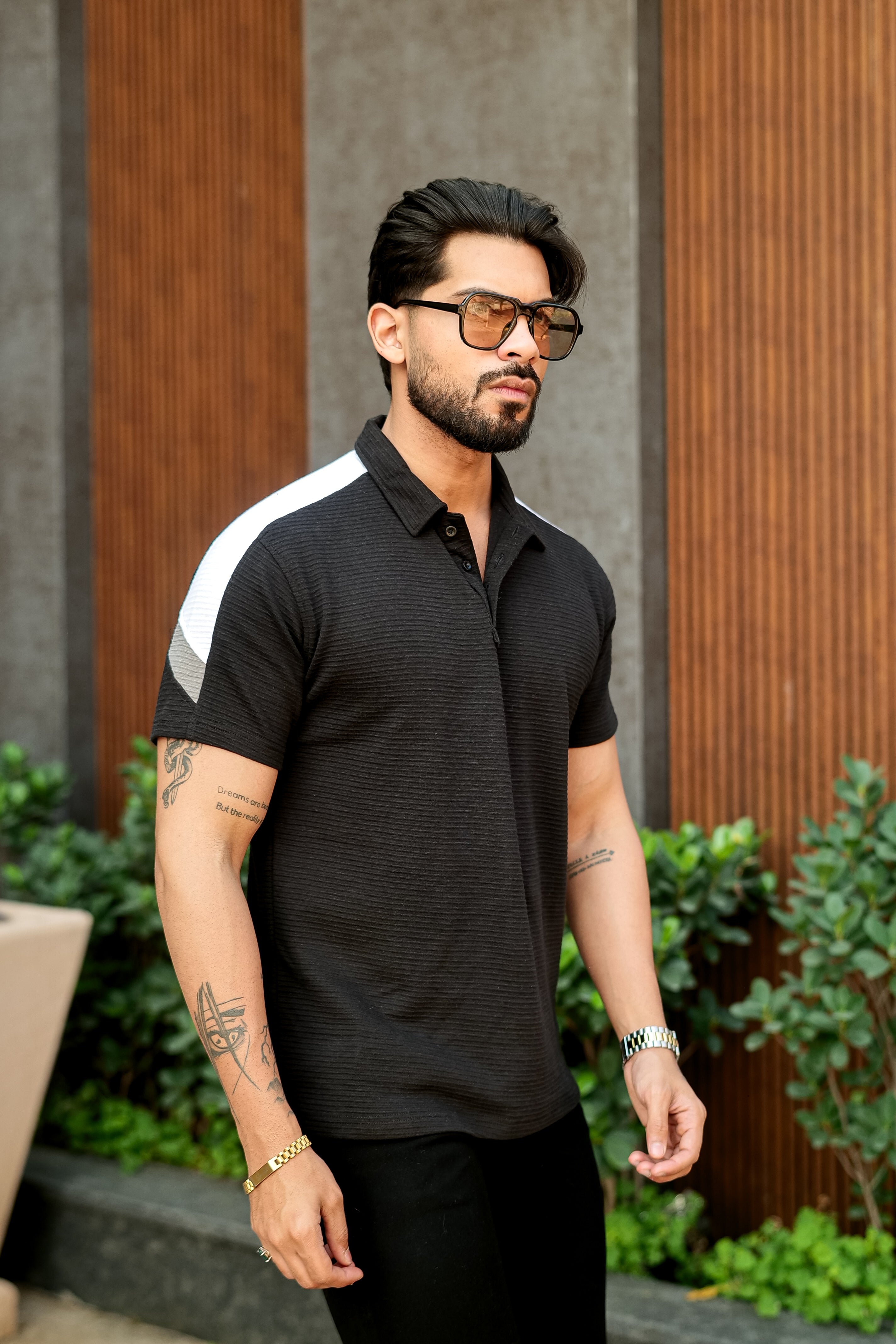 Black Self Design ColorBlock Cotton Polo T-Shirt