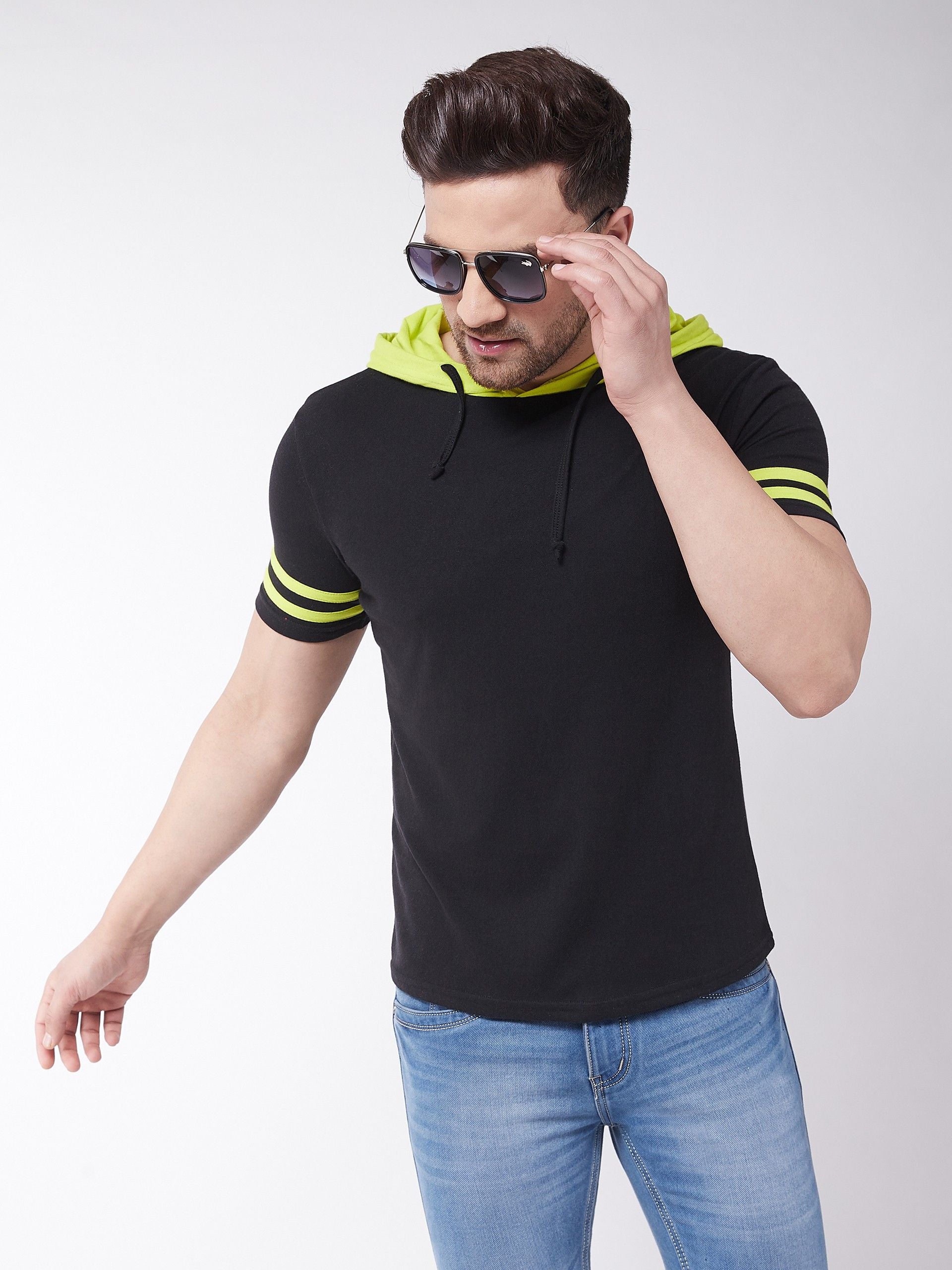 Black Neon Striped Half Sleeve Hooded T-Shirt
