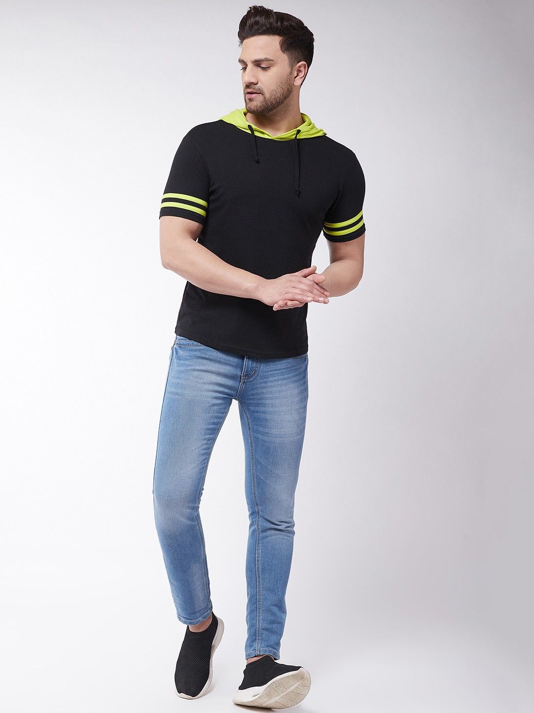 Black Neon Striped Half Sleeve Hooded T-Shirt