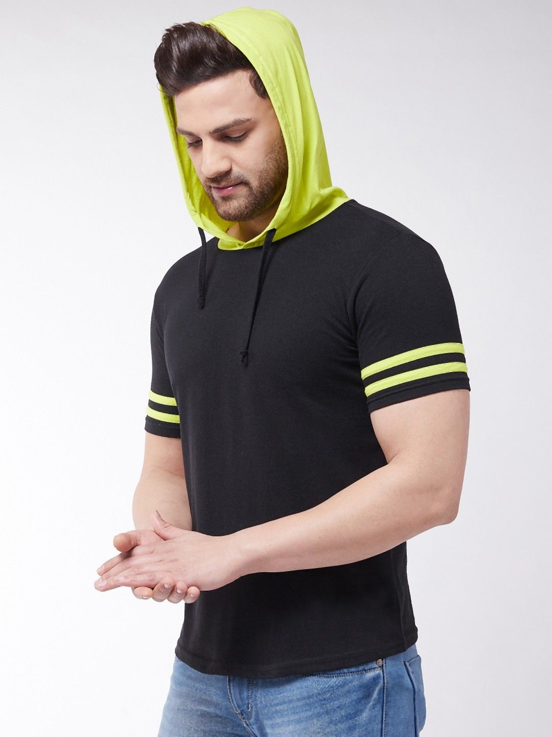 Black Neon Striped Half Sleeve Hooded T-Shirt