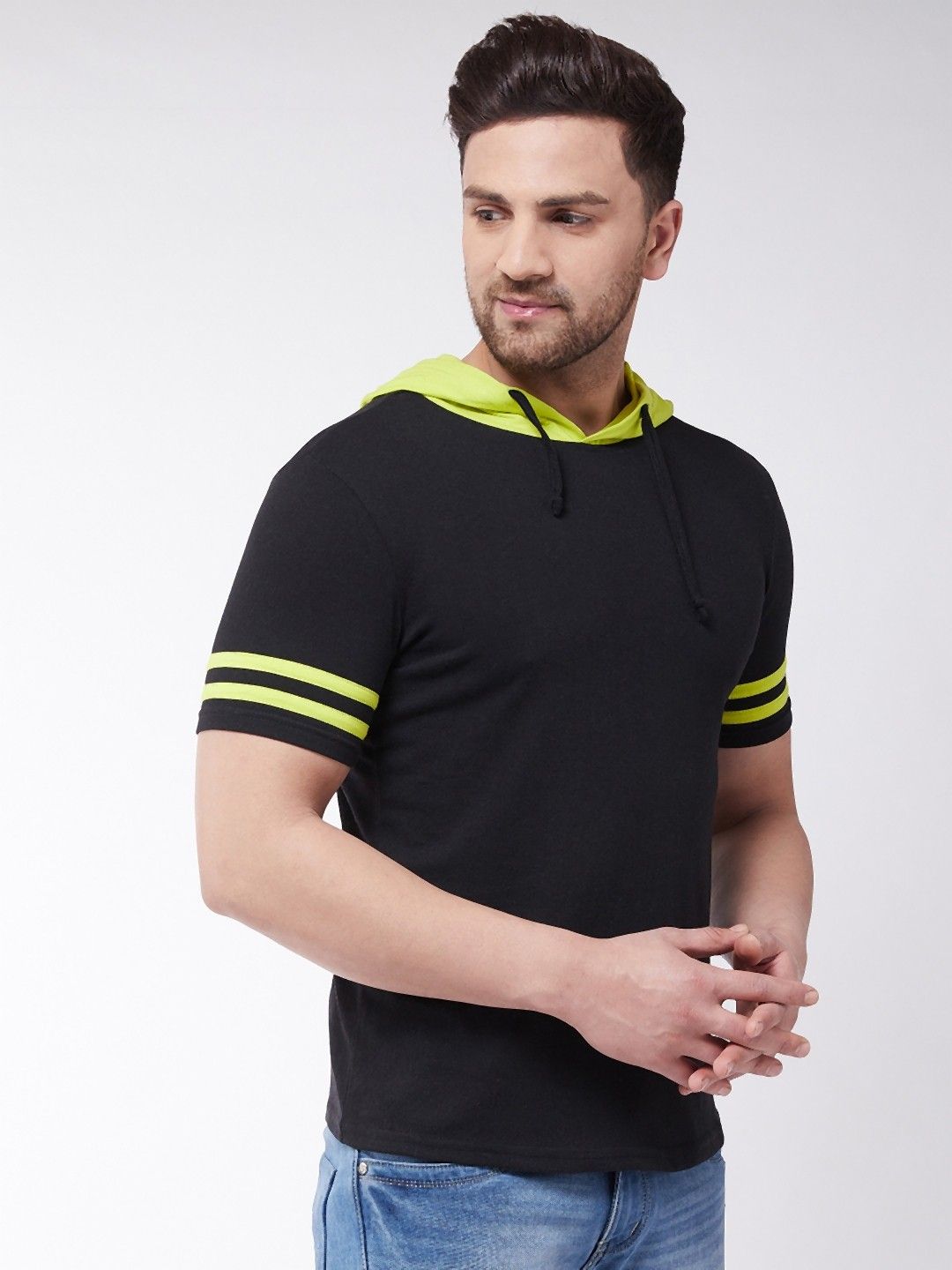 Black Neon Striped Half Sleeve Hooded T-Shirt