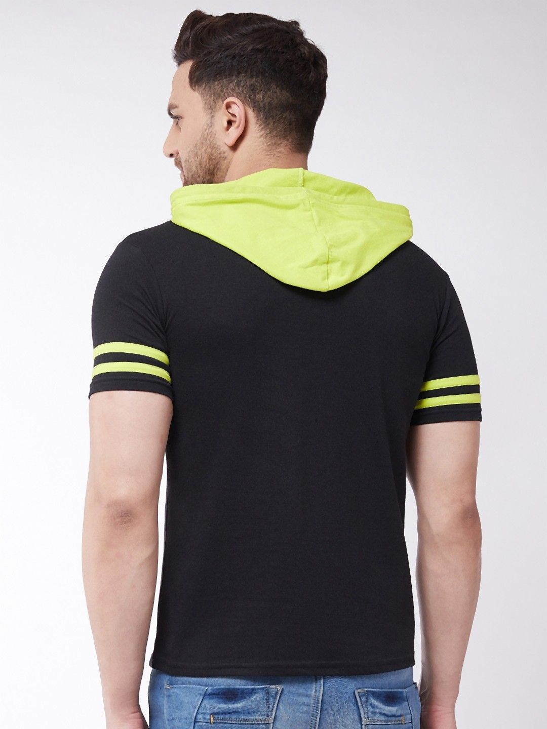 Black Neon Striped Half Sleeve Hooded T-Shirt