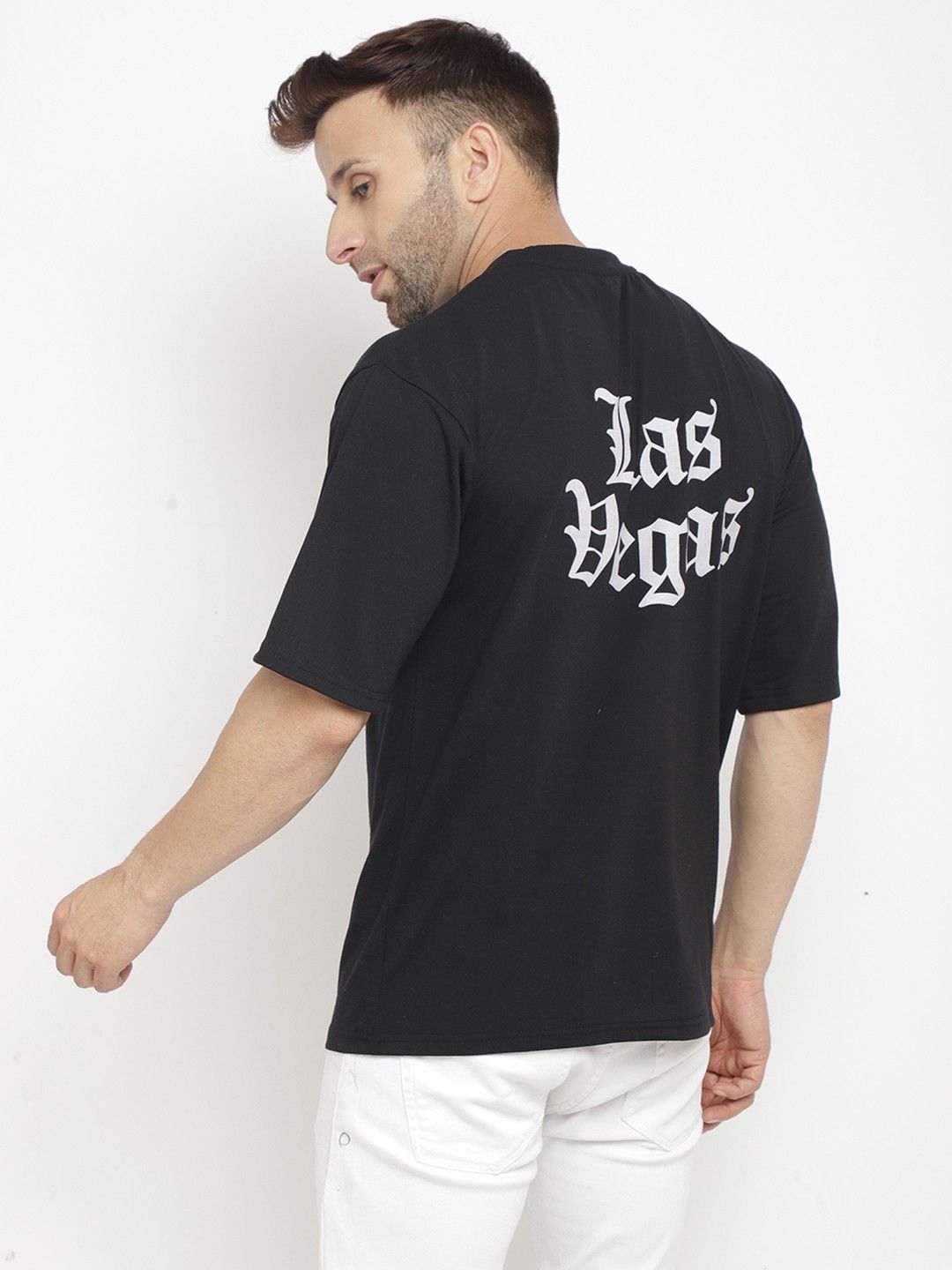 Black "Las Vegas" Cotton Half Sleeve Oversized T-Shirt