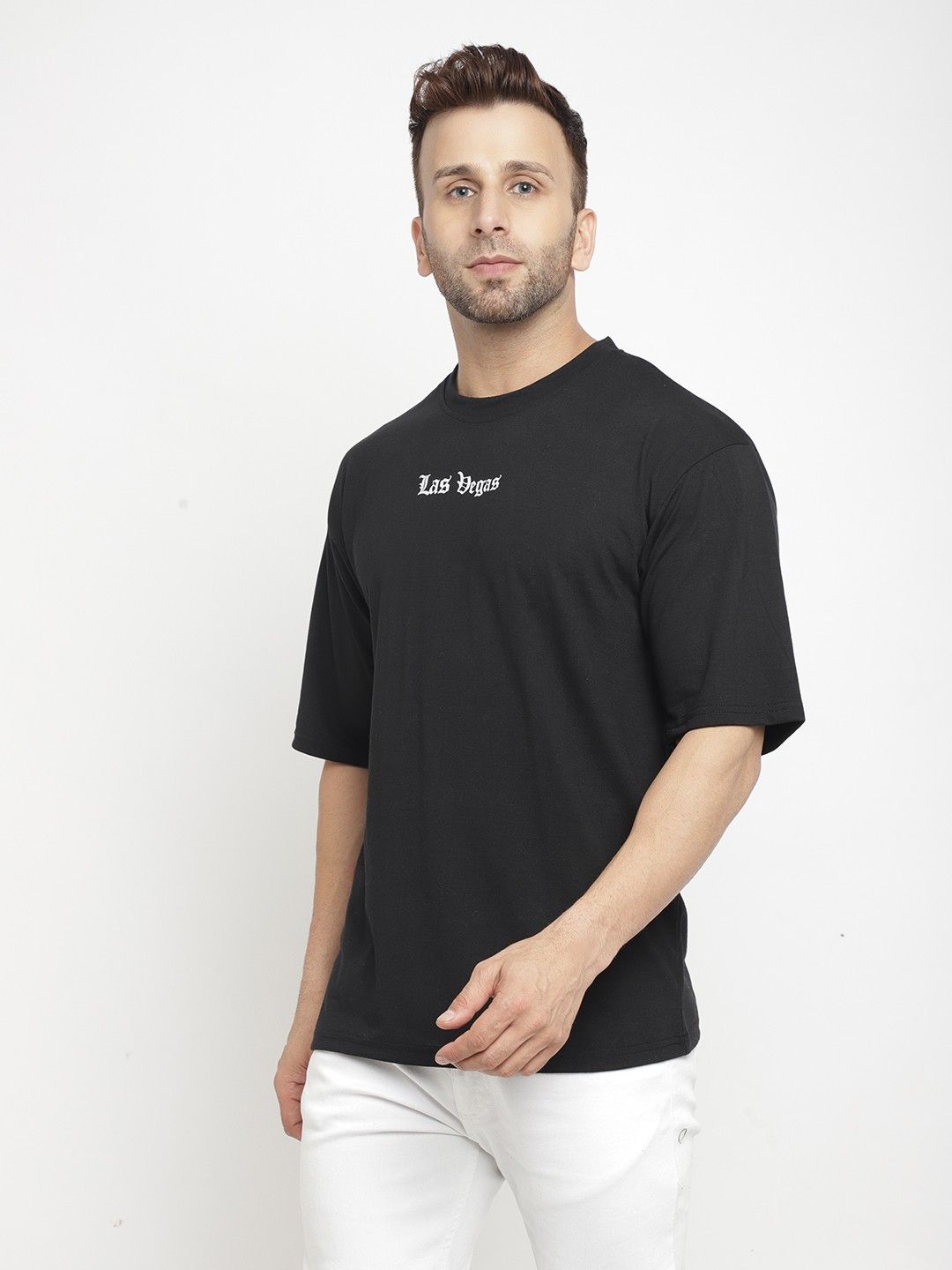 Black "Las Vegas" Cotton Half Sleeve Oversized T-Shirt