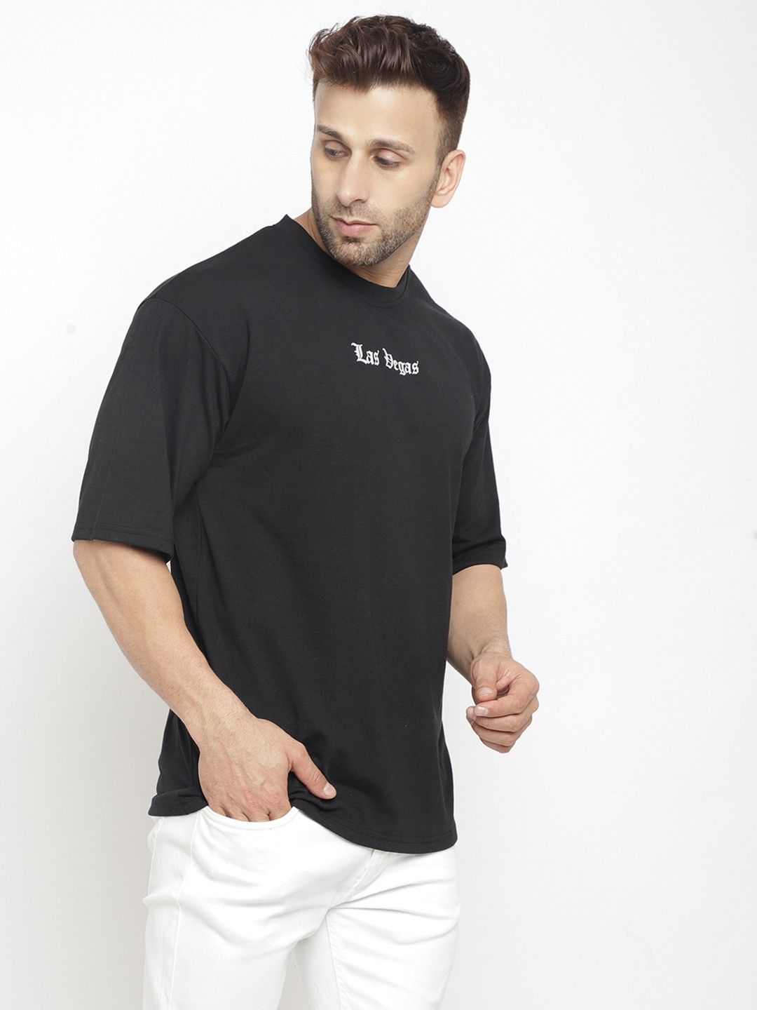 Black "Las Vegas" Cotton Half Sleeve Oversized T-Shirt