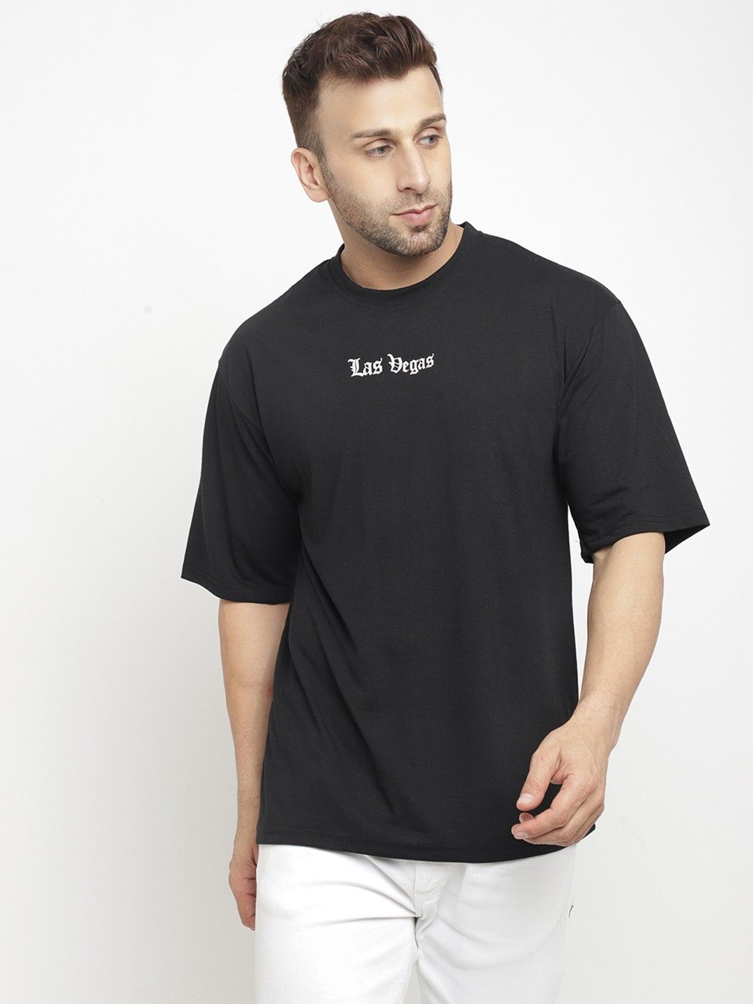 Black "Las Vegas" Cotton Half Sleeve Oversized T-Shirt