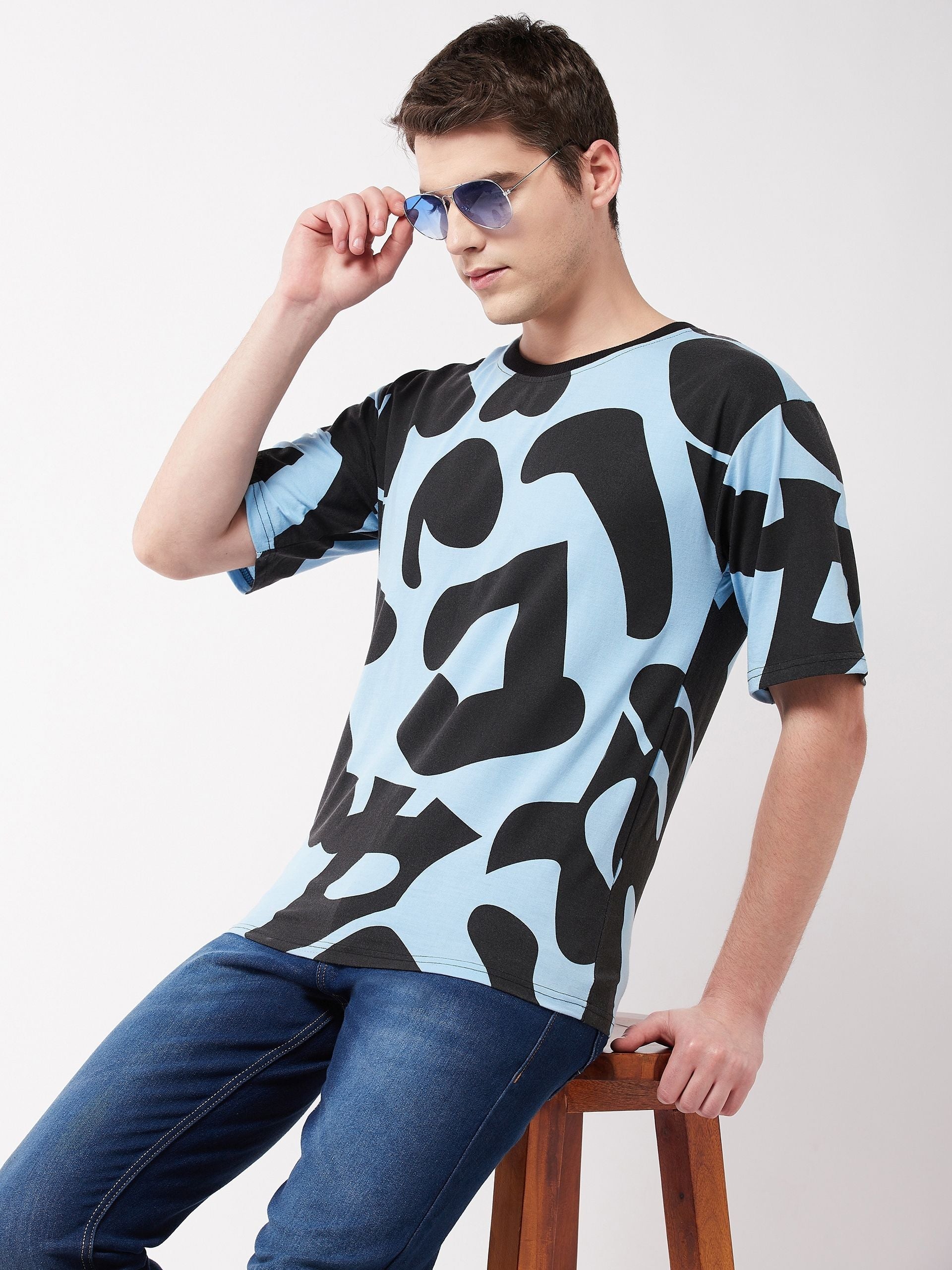 Blue Animal Printed Half Sleeve Oversized T-Shirt