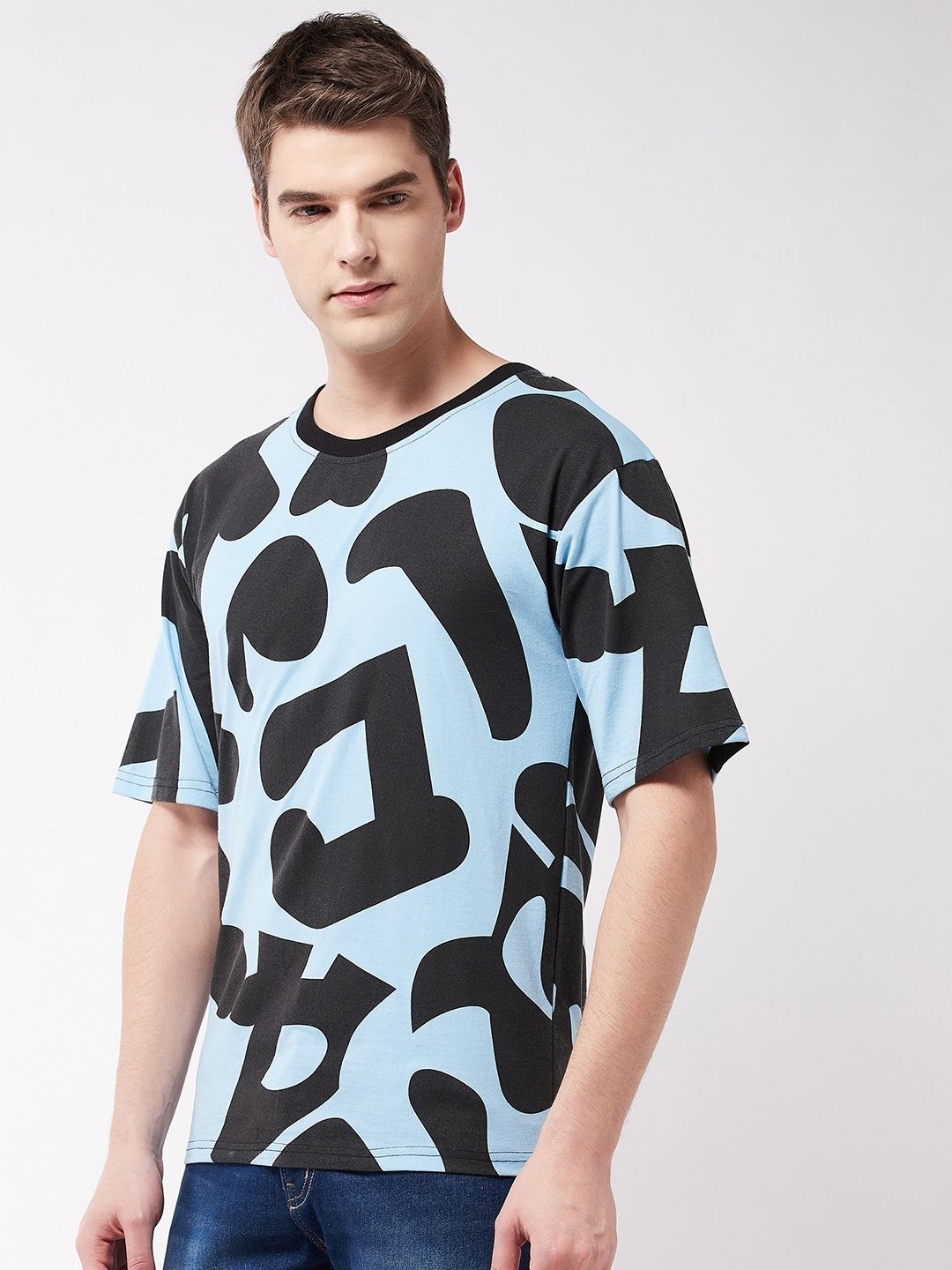 Blue Animal Printed Half Sleeve Oversized T-Shirt