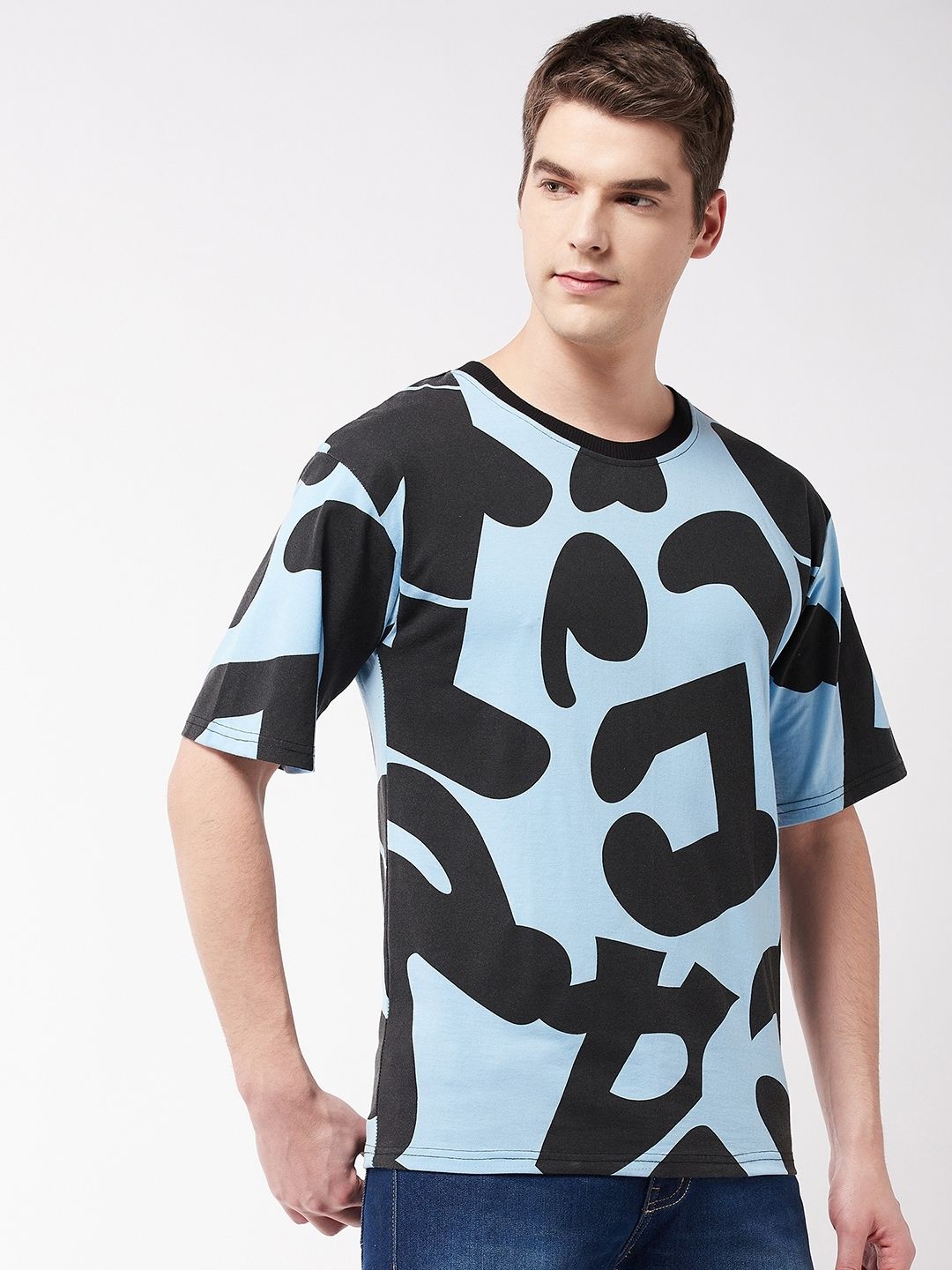 Blue Animal Printed Half Sleeve Oversized T-Shirt