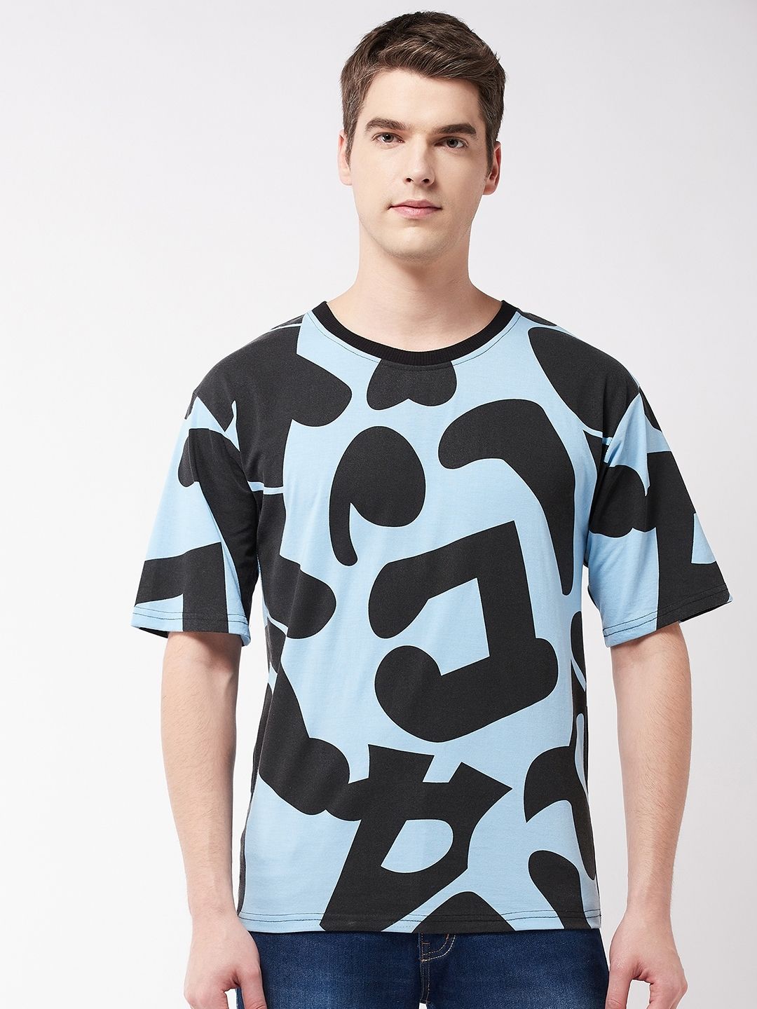 Blue Animal Printed Half Sleeve Oversized T-Shirt