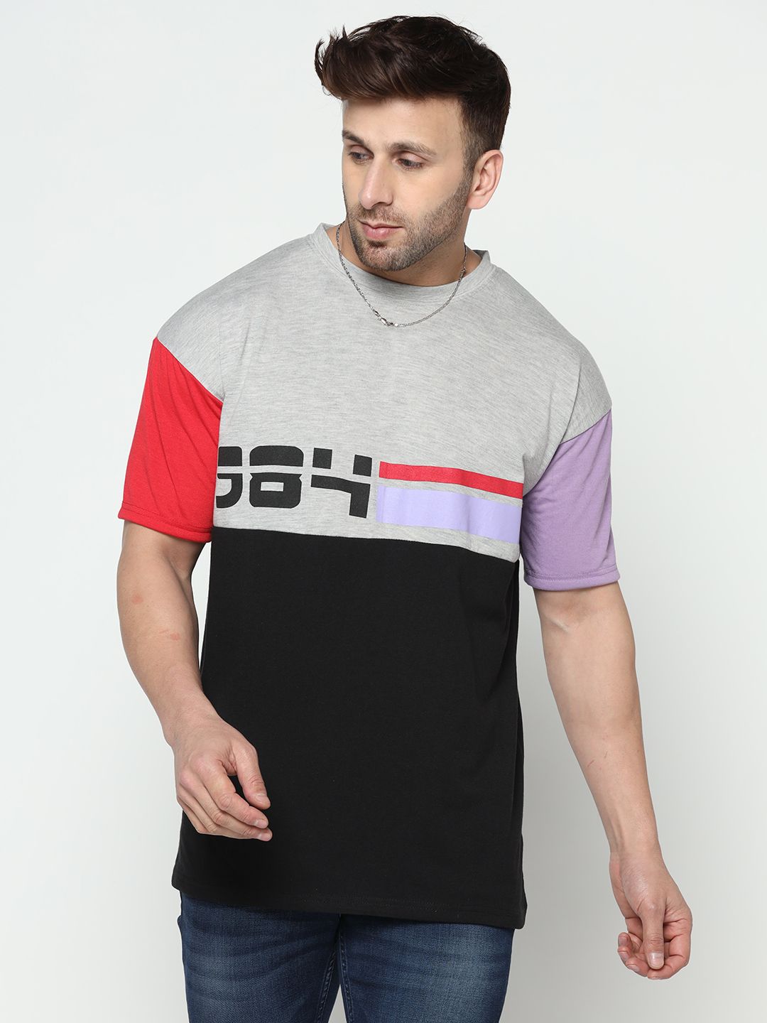 Grey Colorblocked Half Sleeve Oversized T-Shirt