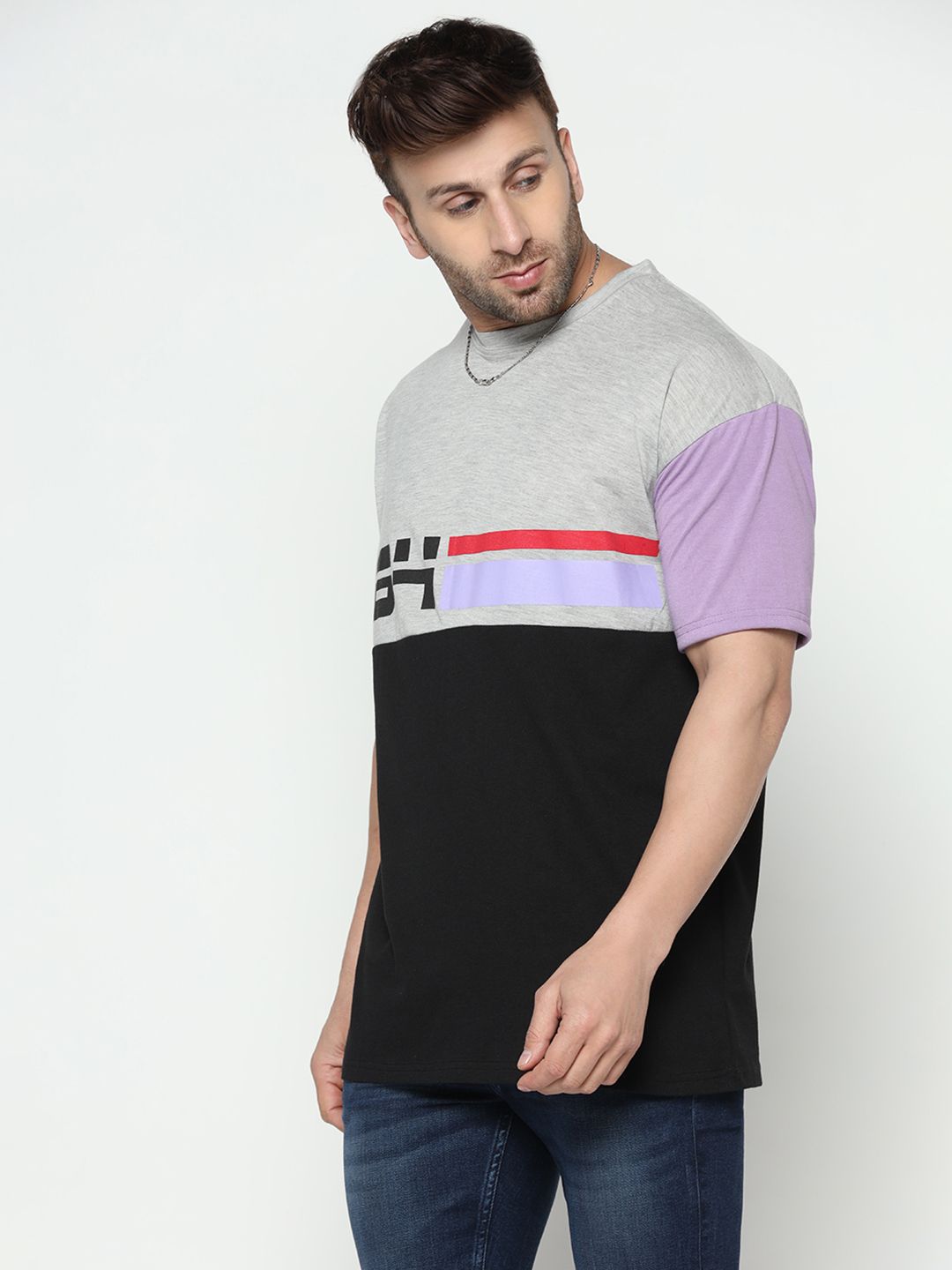 Grey Colorblocked Half Sleeve Oversized T-Shirt