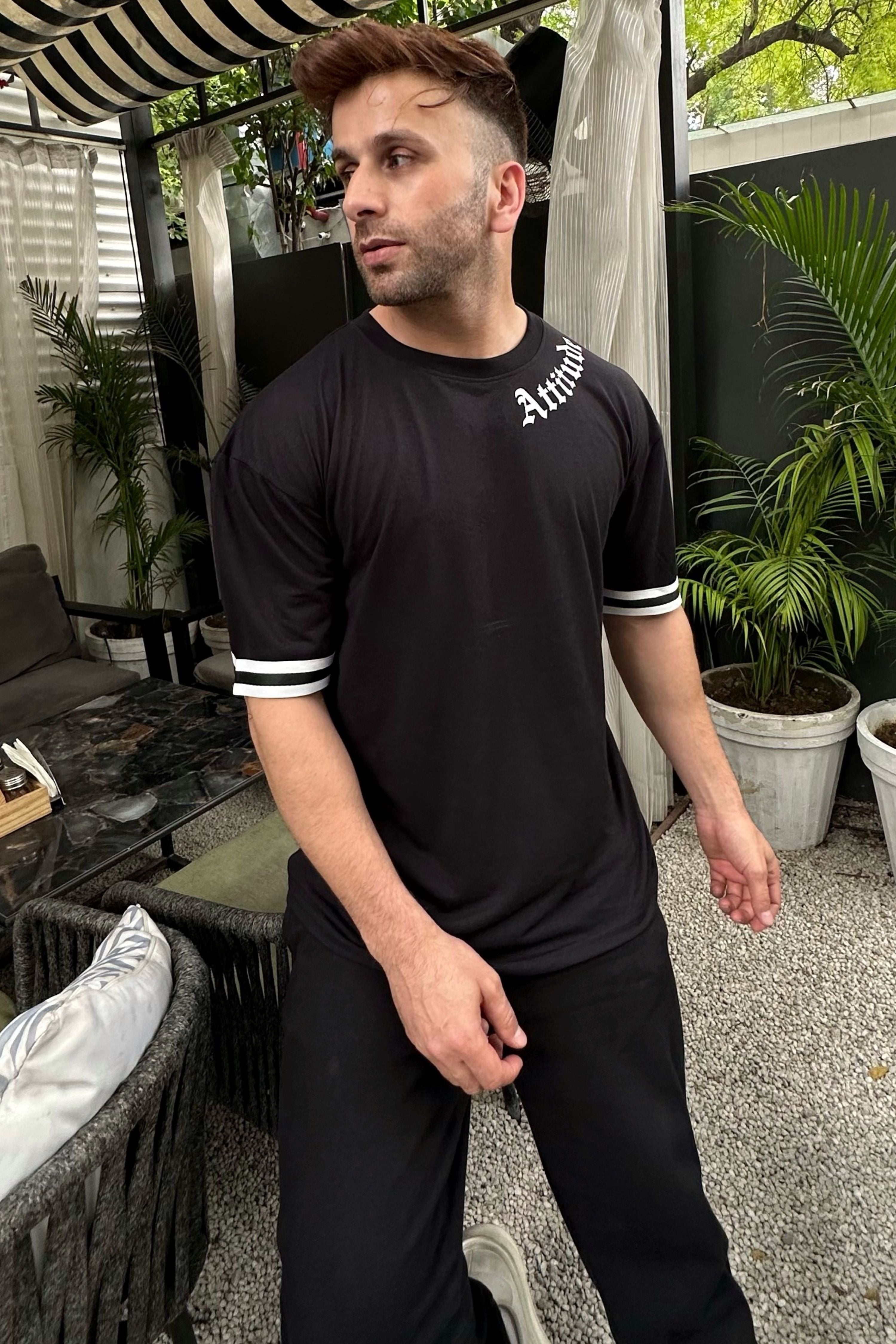 Black Oversized "Attitude" Printed T-Shirt