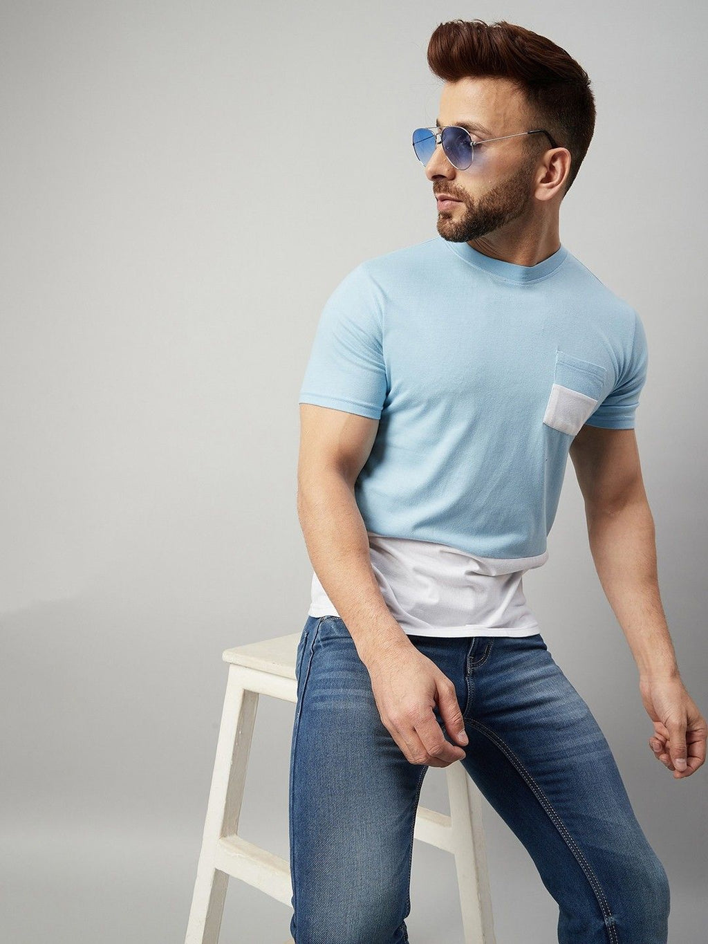 Blue White Colorblocked Half Sleeve Cotton T-Shirt