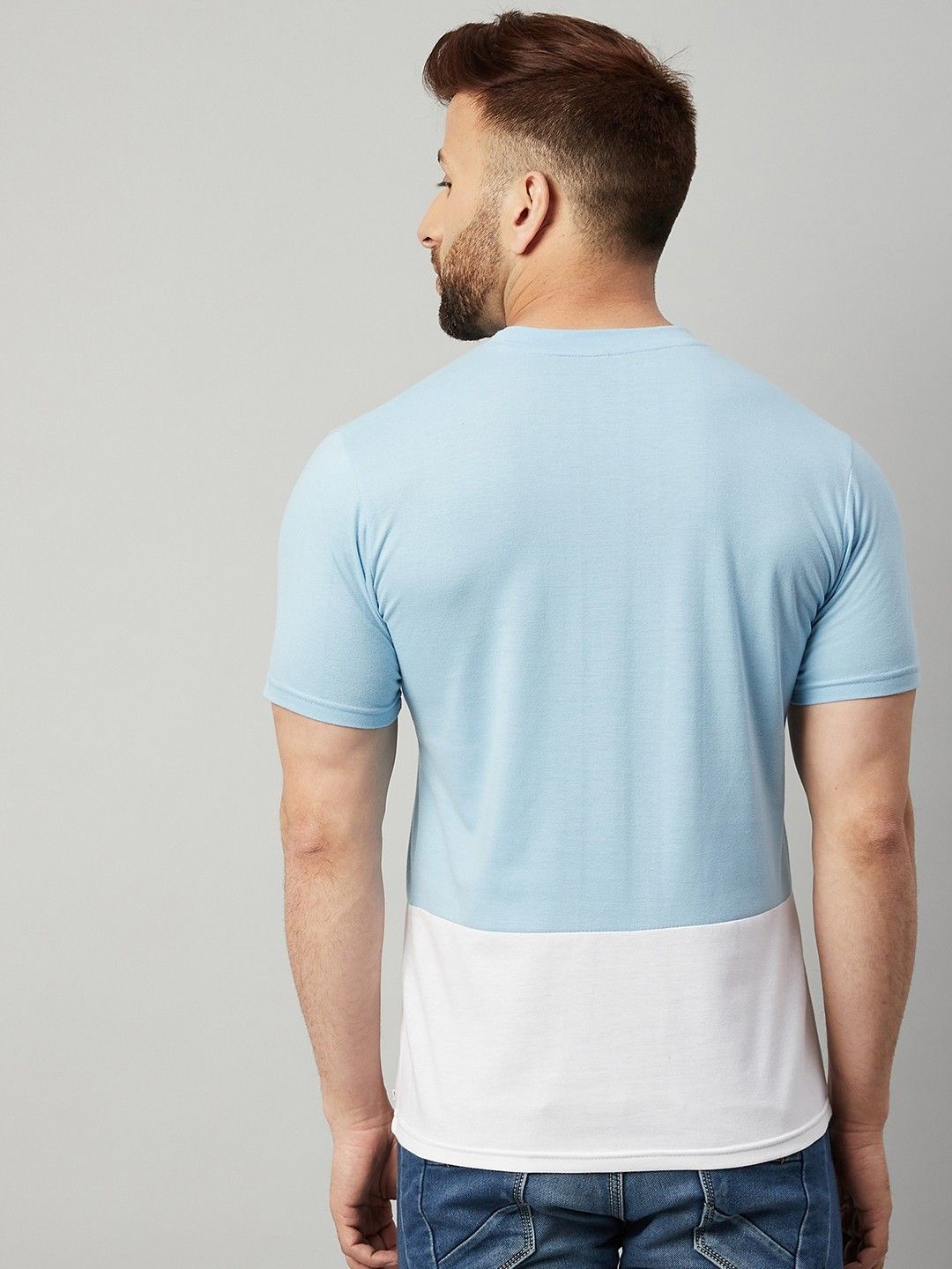 Blue White Colorblocked Half Sleeve Cotton T-Shirt