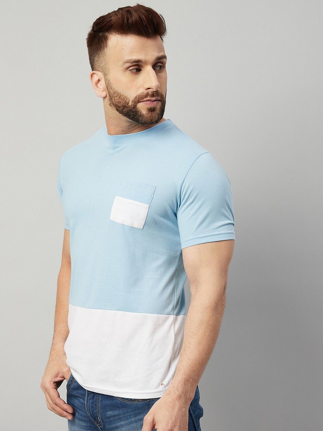 Blue White Colorblocked Half Sleeve Cotton T-Shirt