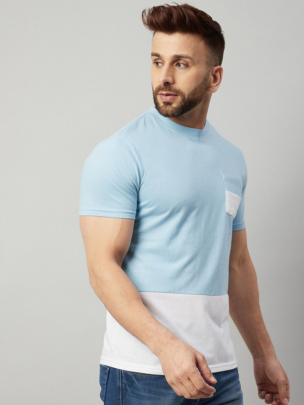 Blue White Colorblocked Half Sleeve Cotton T-Shirt