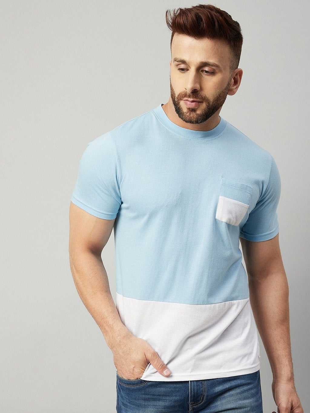 Blue White Colorblocked Half Sleeve Cotton T-Shirt
