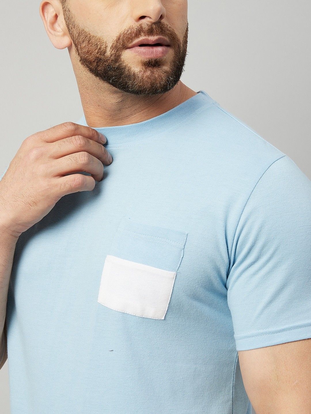 Blue White Colorblocked Half Sleeve Cotton T-Shirt