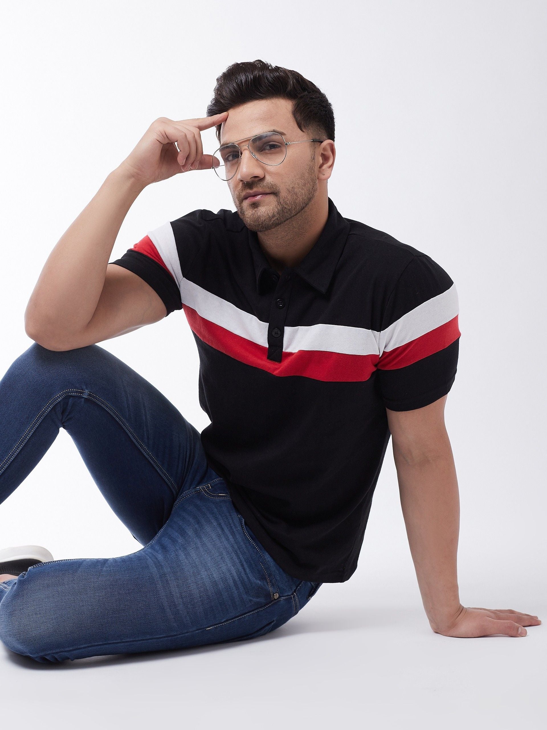 Black Men Half Sleeve Color Blocked Polo T-Shirt