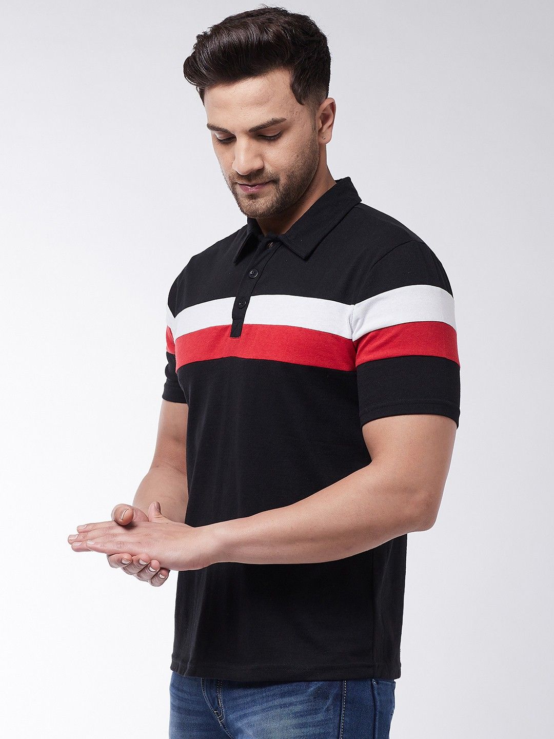 Black Men Half Sleeve Color Blocked Polo T-Shirt