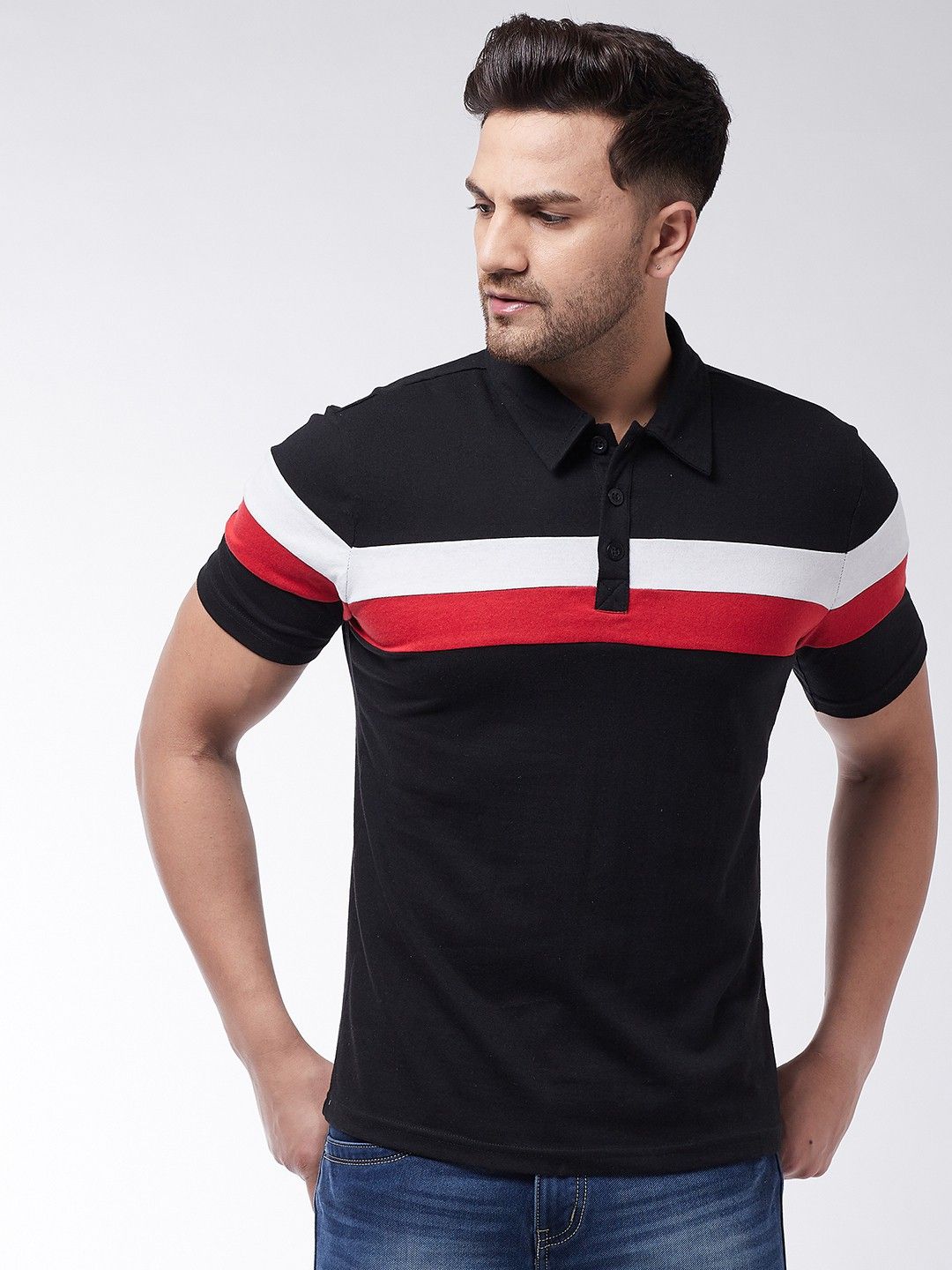 Black Men Half Sleeve Color Blocked Polo T-Shirt