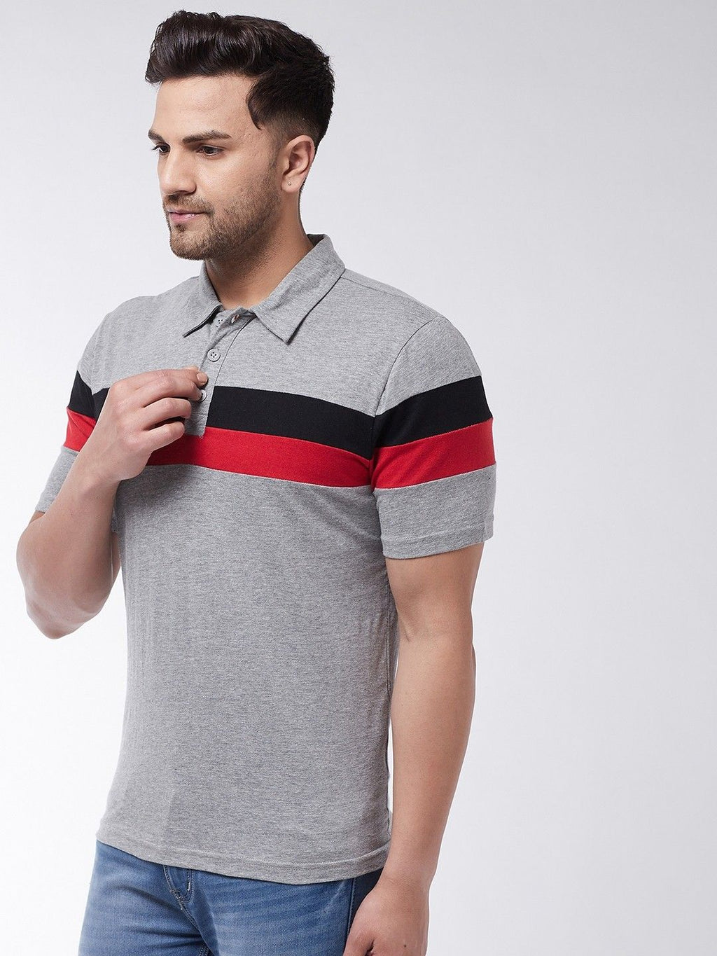 Grey Melange Men Half Sleeve Polo T-Shirt