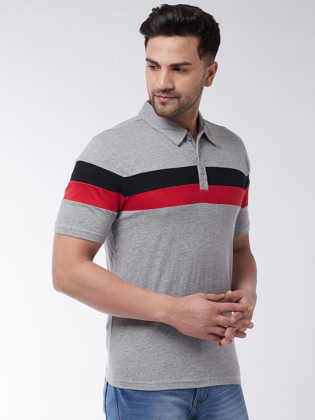 Grey Melange Men Half Sleeve Polo T-Shirt