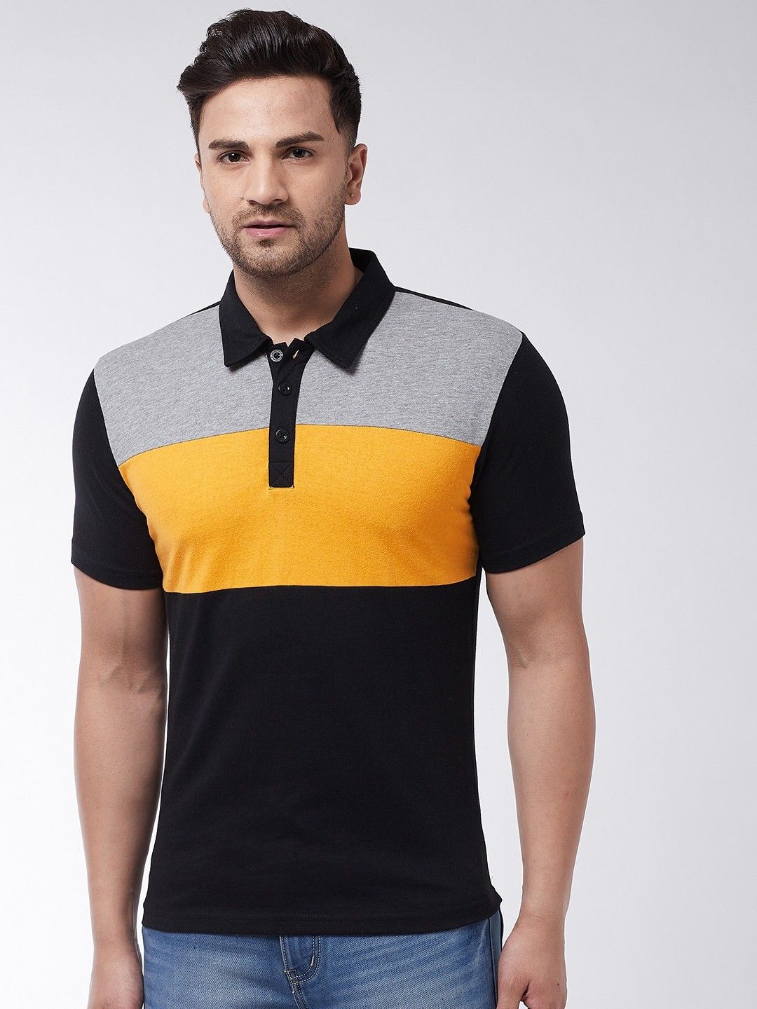 Black Grey Men Cotton Knit Polo T-Shirt