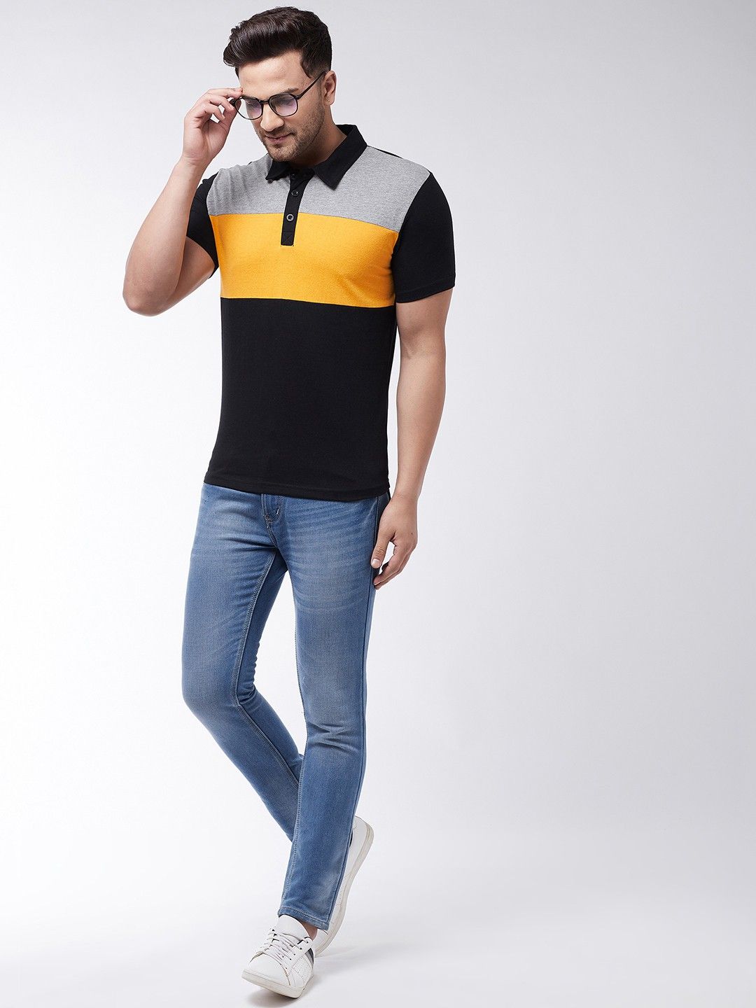 Black Grey Men Cotton Knit Polo T-Shirt