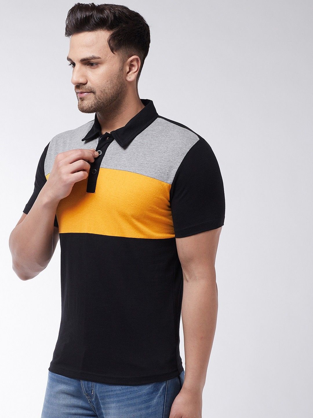 Black Grey Men Cotton Knit Polo T-Shirt