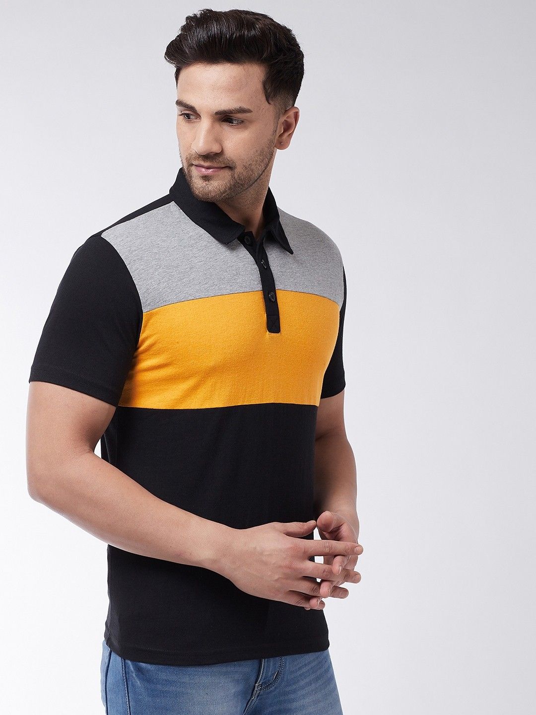 Black Grey Men Cotton Knit Polo T-Shirt
