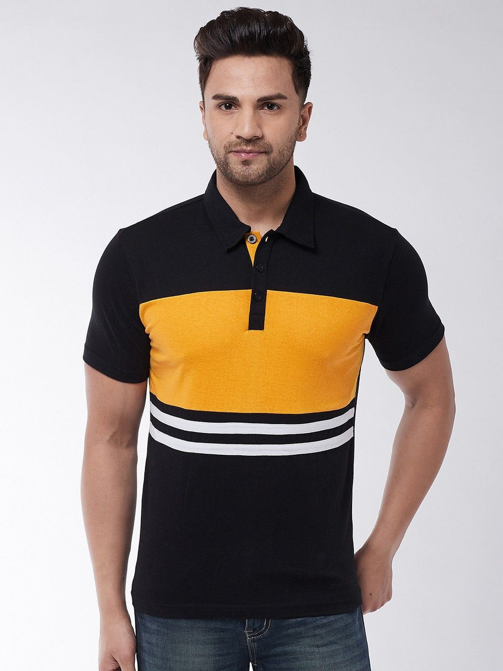 Yellow Black Color Block Cotton Knit Polo T-Shirt