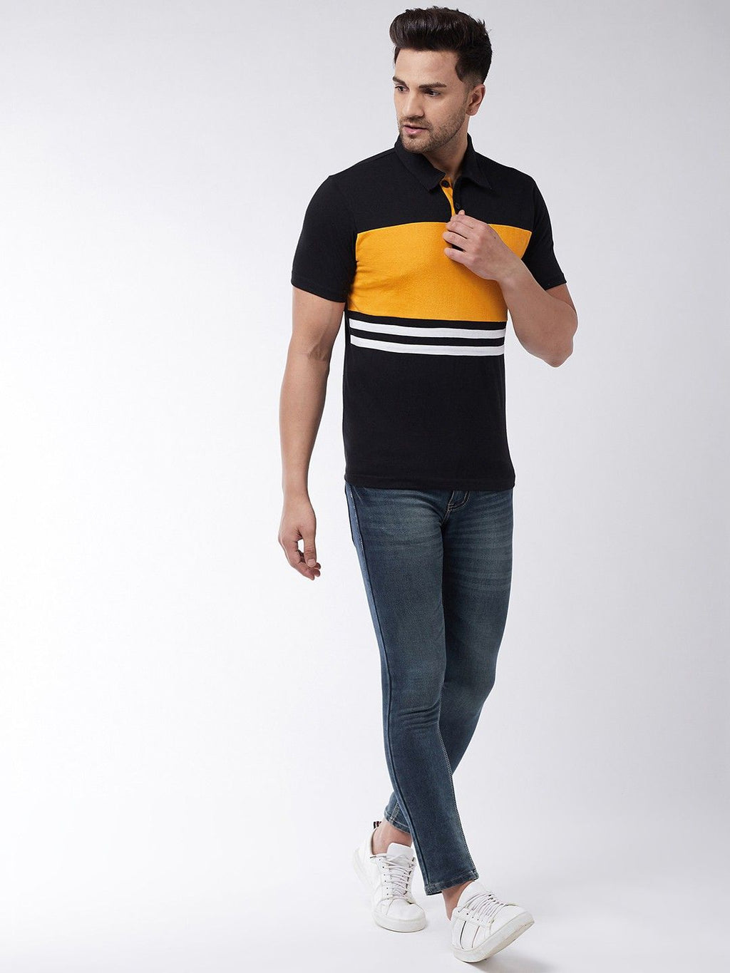 Yellow Black Color Block Cotton Knit Polo T-Shirt