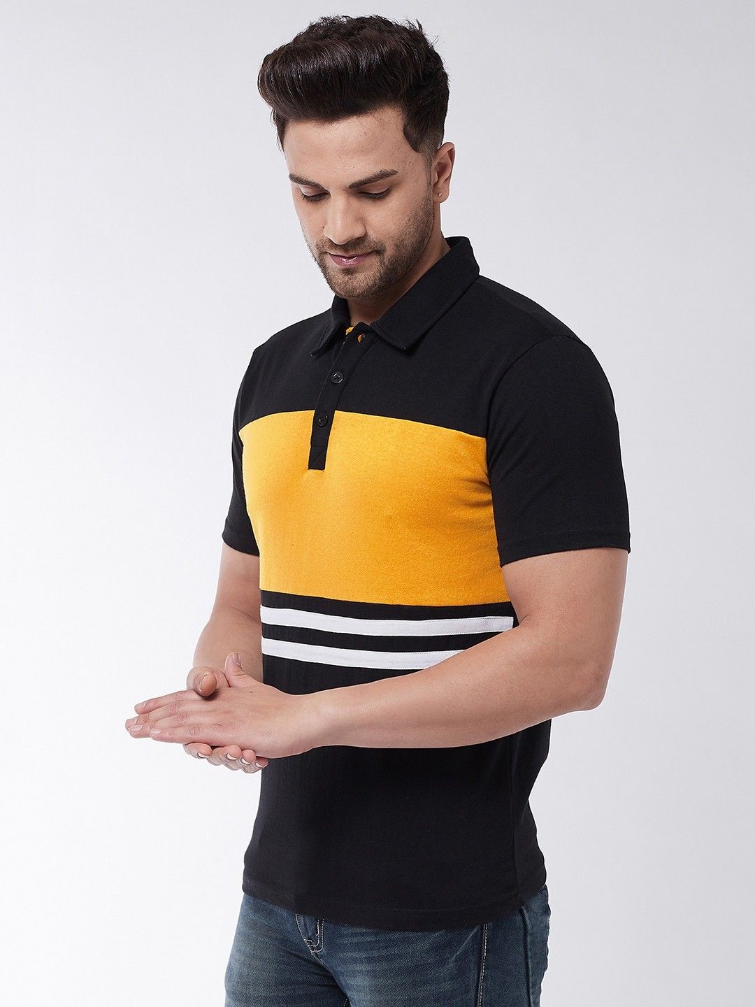 Yellow Black Color Block Cotton Knit Polo T-Shirt