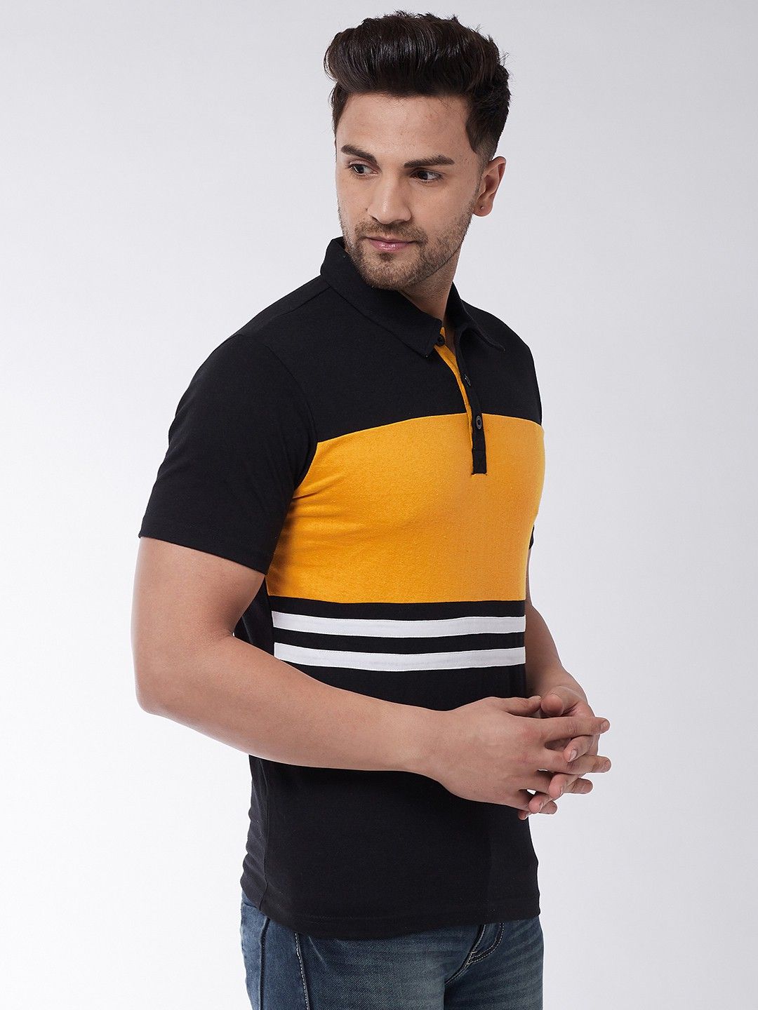 Yellow Black Color Block Cotton Knit Polo T-Shirt