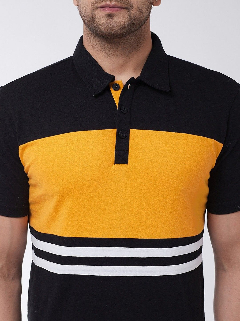 Yellow Black Color Block Cotton Knit Polo T-Shirt