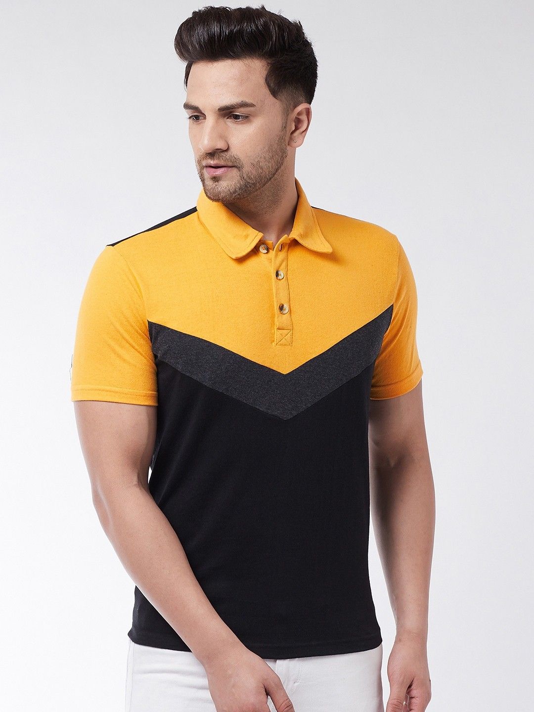 Yellow Black Color Blocked Men Cotton Polo T-Shirt