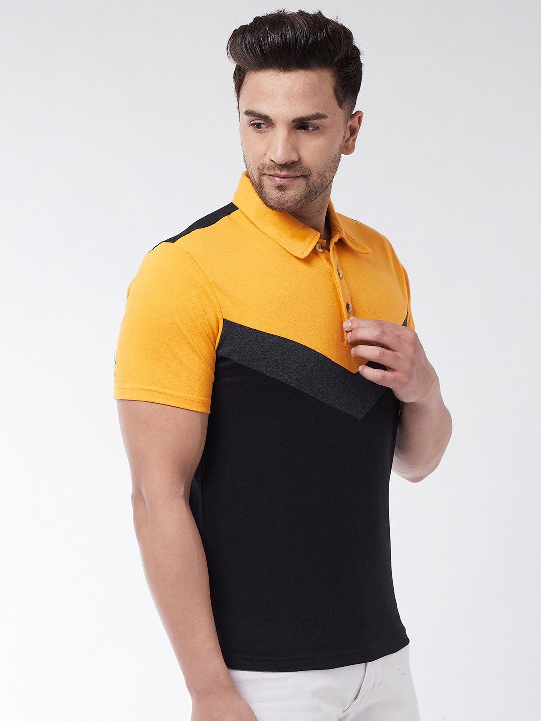 Yellow Black Color Blocked Men Cotton Polo T-Shirt