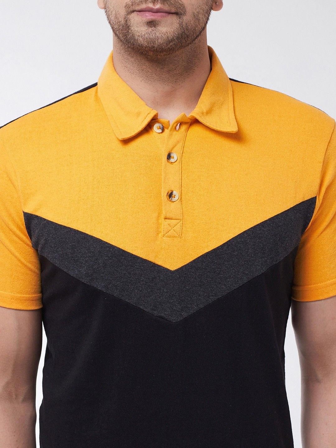Yellow Black Color Blocked Men Cotton Polo T-Shirt