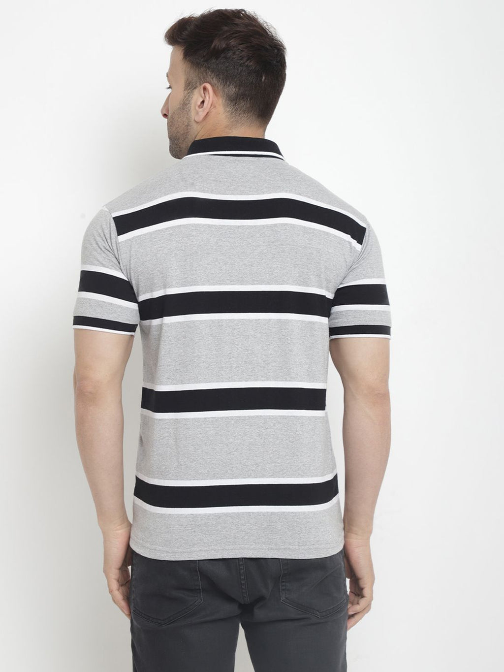 Grey Black Striped Cotton Knit Polo T-Shirt