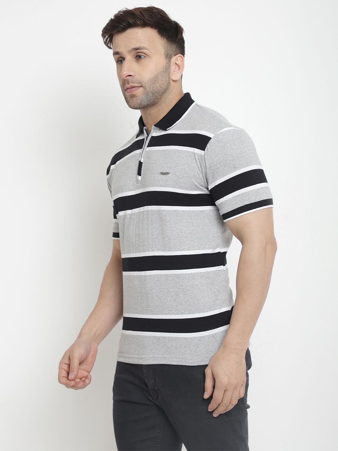 Grey Black Striped Cotton Knit Polo T-Shirt