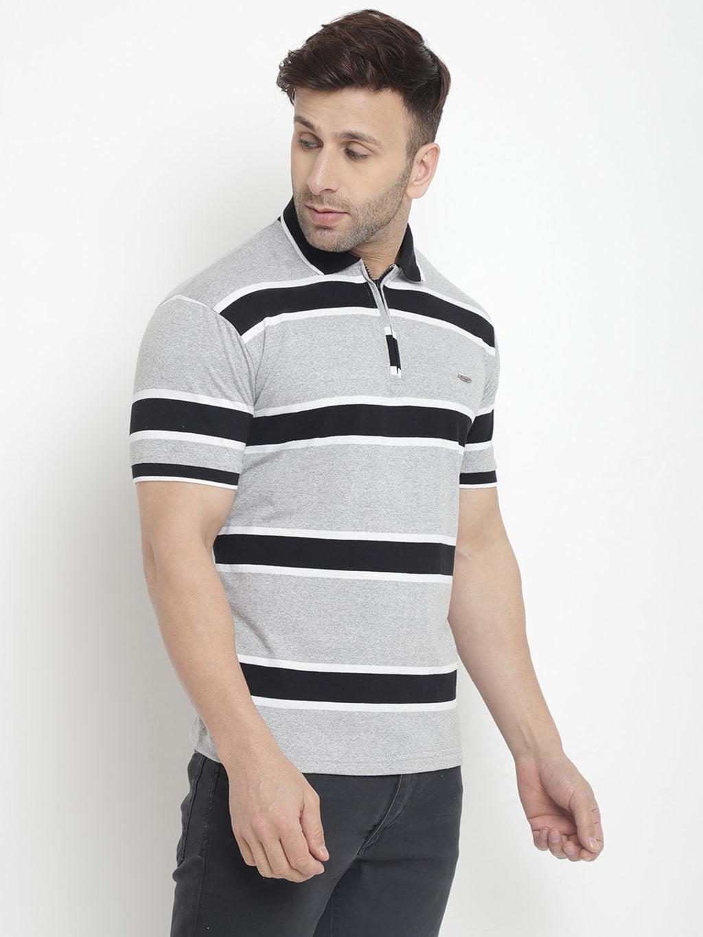 Grey Black Striped Cotton Knit Polo T-Shirt